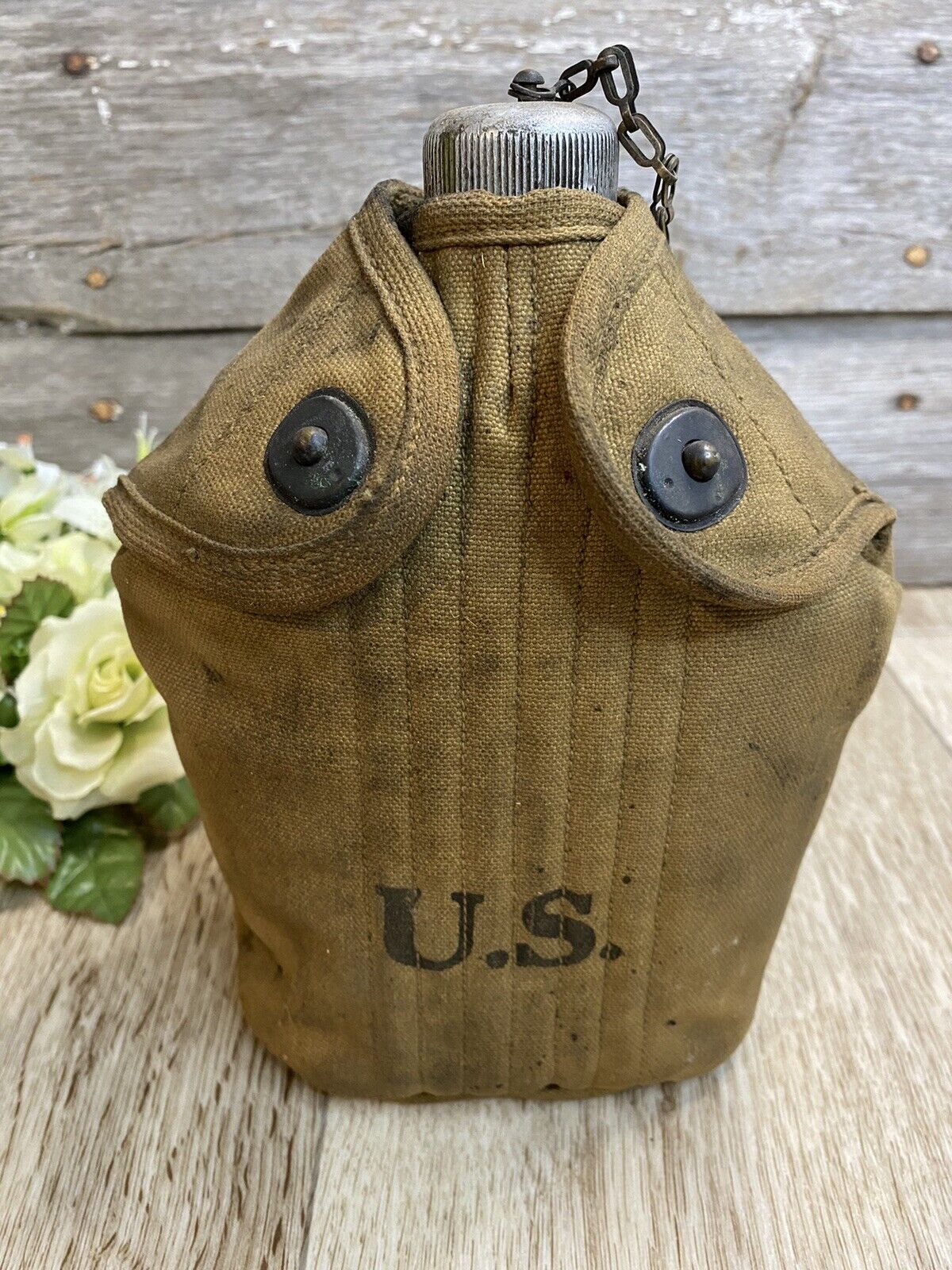 Vintage WWI US Military Canteen with Snap Cover Carry Case Brass Chain & Snaps