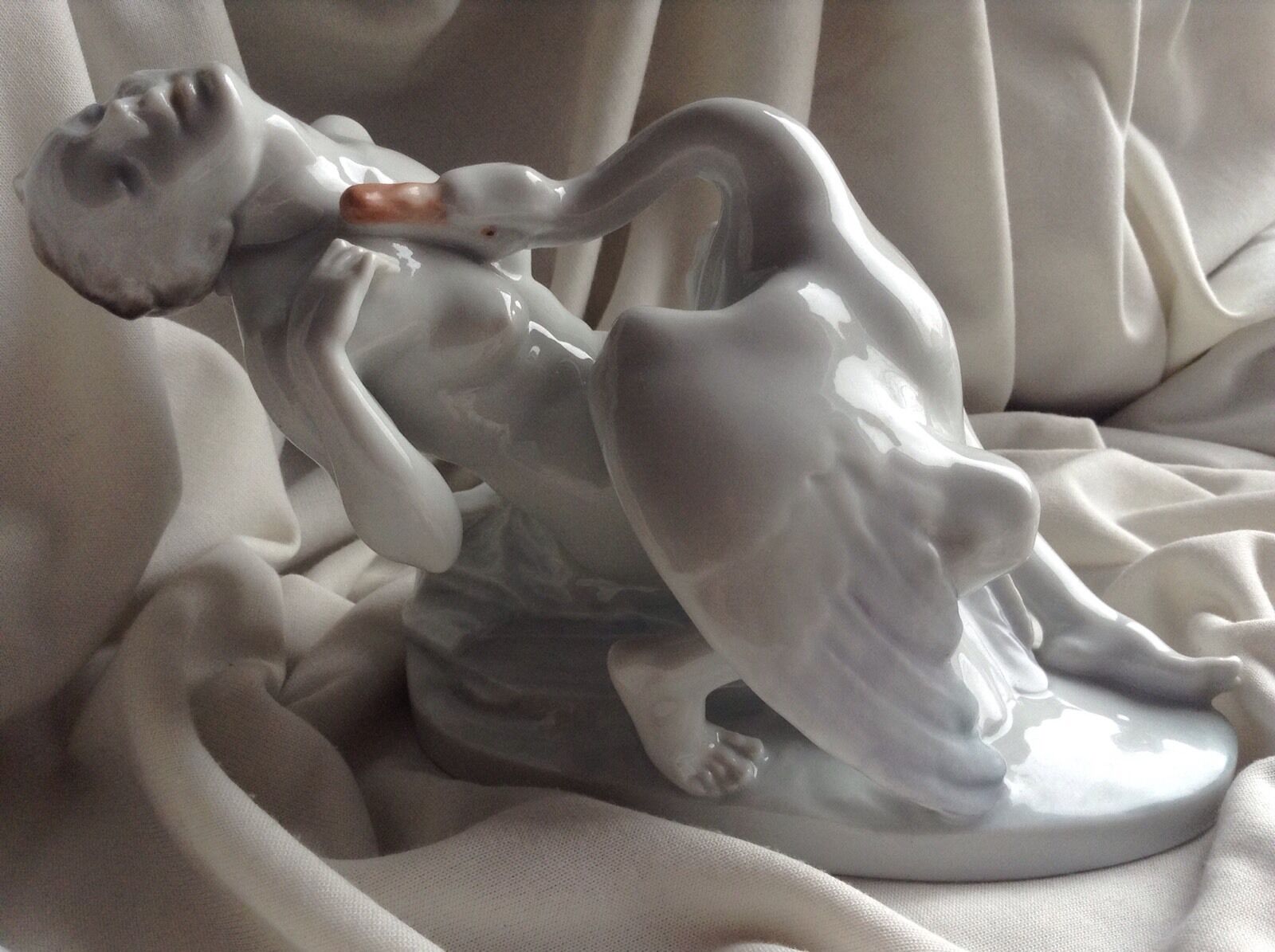 Antique Herend Porcelain Nude Lady Figure Leda Swan Bird Hungarian Artist Signed