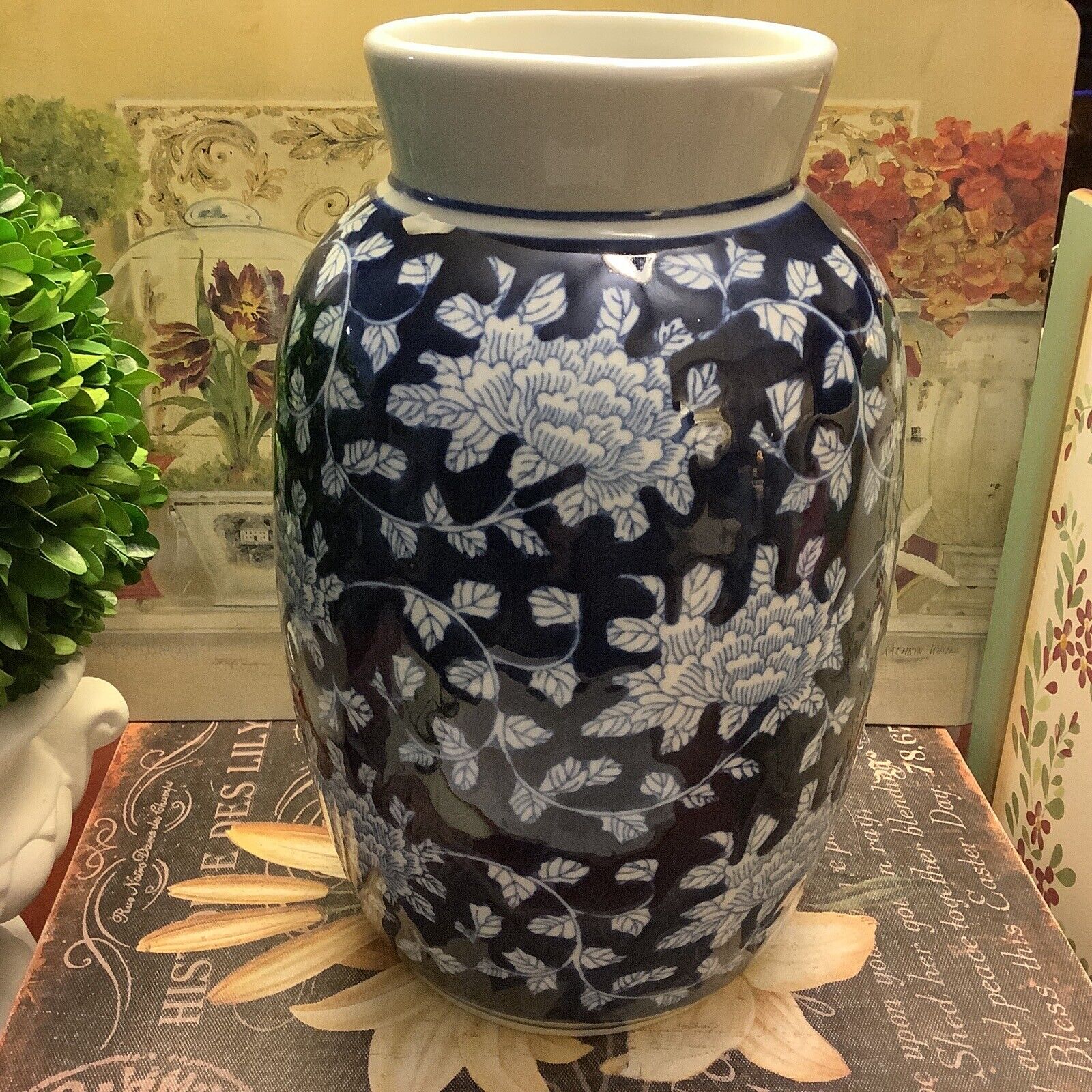 Large 11”H~Blue & White Floral Design Vase~4.75”W Neck~NEW~FREE SHIPPING~NICE...