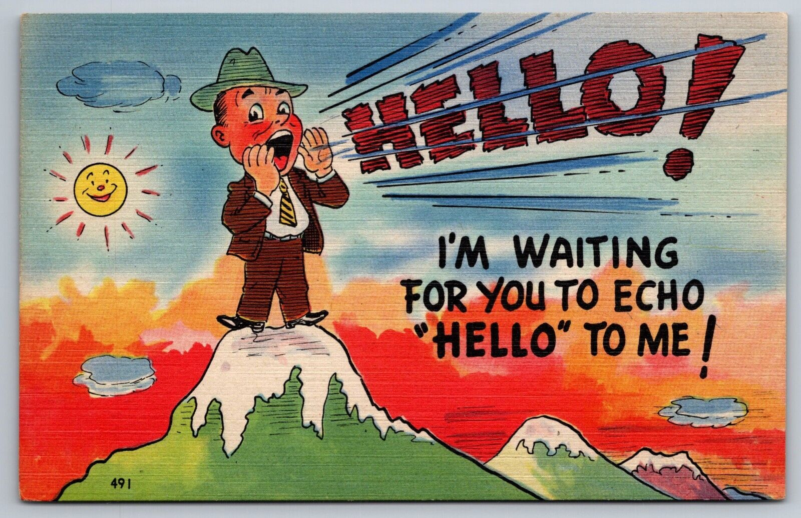 1940s WWII Era Comic Postcard Please Write Man on Mountain Waiting for Echo