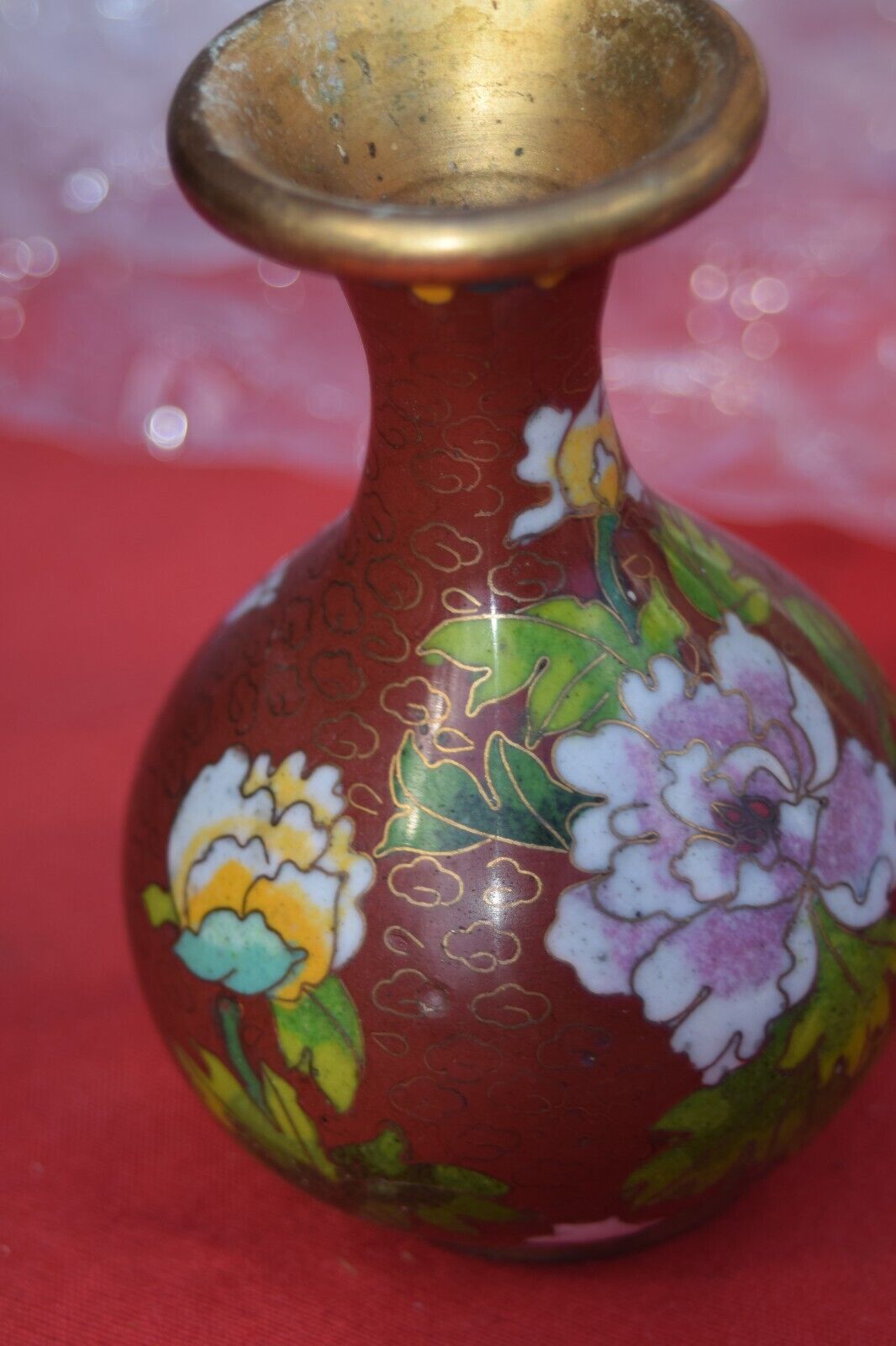 Vintage Vase Chinese Cloisonne Red Floral Flower Chinoiserie Brass Enamel 5 In