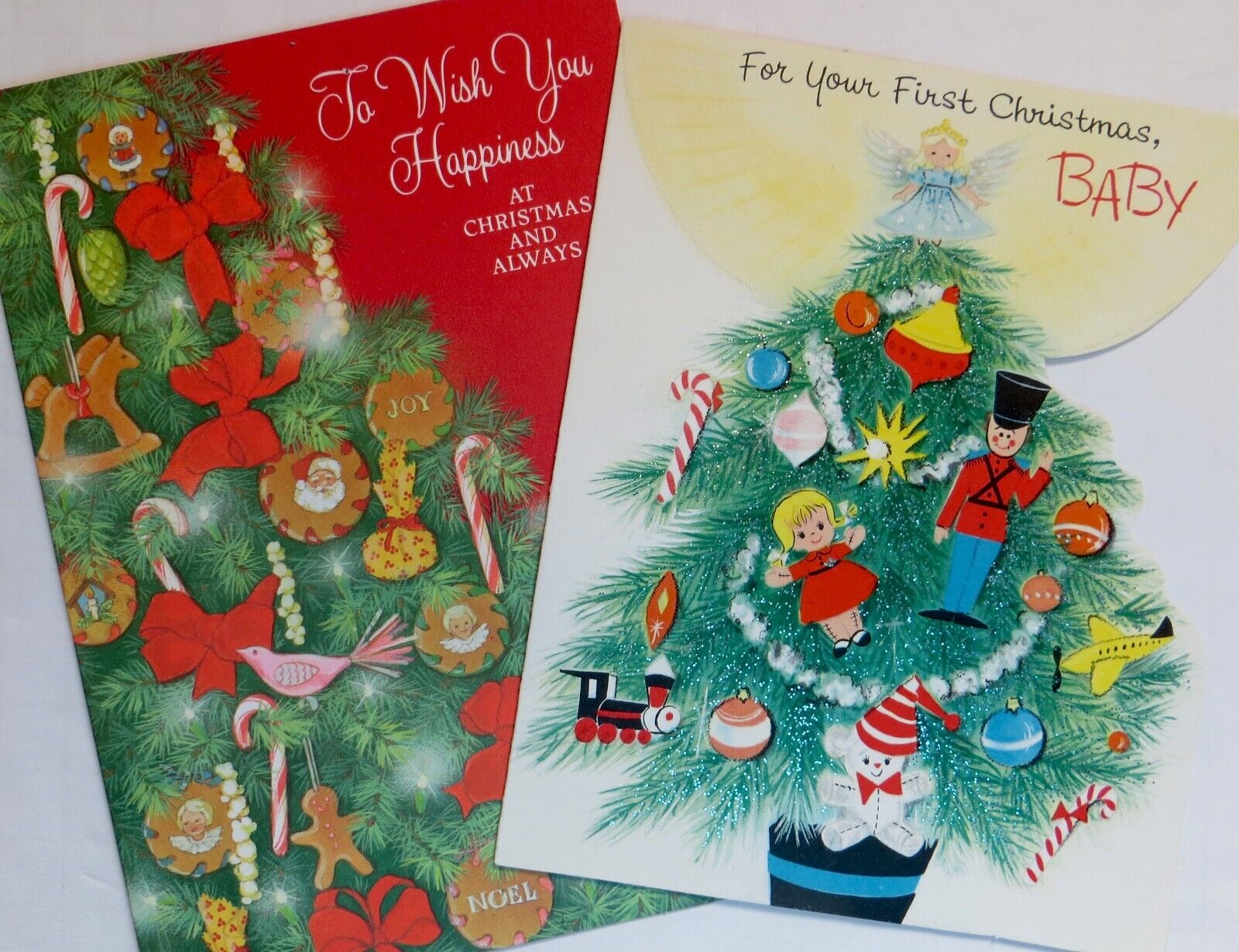 Vtg Lot 2 Christmas Cards-LOVELY XMAS TREES TOYS BABY-1 unused
