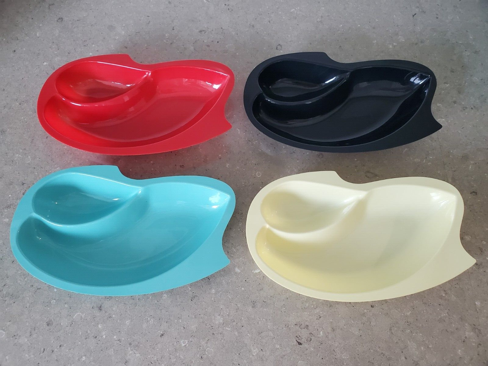 Vintage MCM Stackable Plastic Snack Trays - Set of 4 - Aqua Red Black Yellow