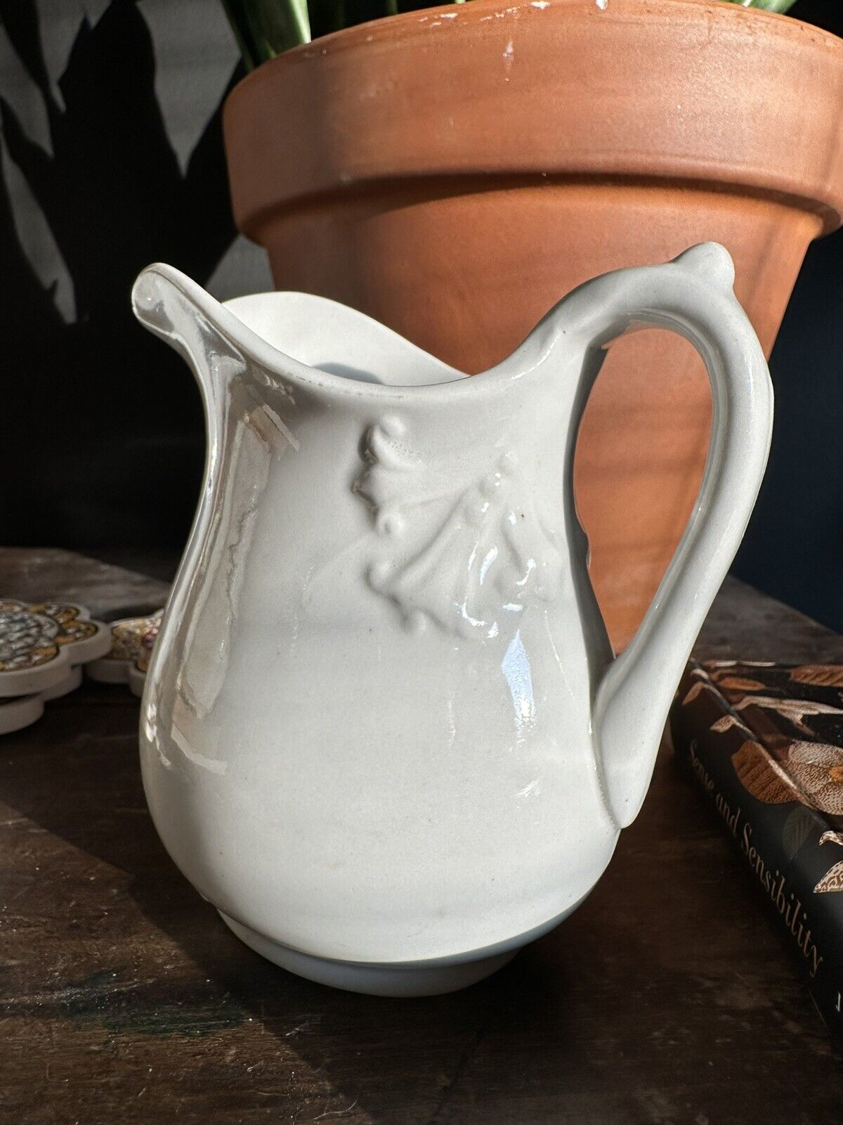 Rare Antique 1800's Mellor & Co White Ironstone Pitcher Embossed Flower 9