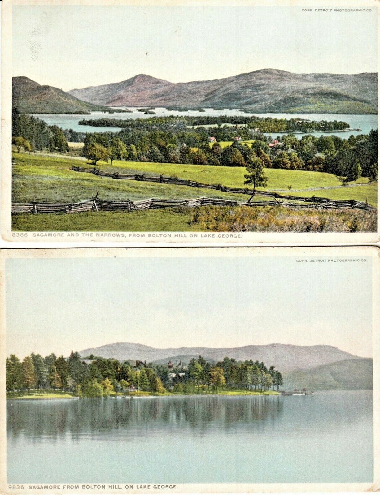 2 Sagamore Hotel from Bolton Landing Hill Lake George Vintage postcards 1912