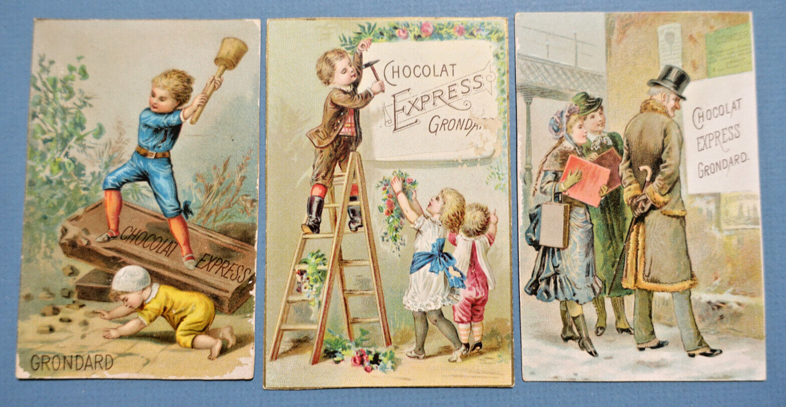 (3) VICTORIAN TRADE CARDS 1880\'s Le Chocolat Express Grondard Paris, France