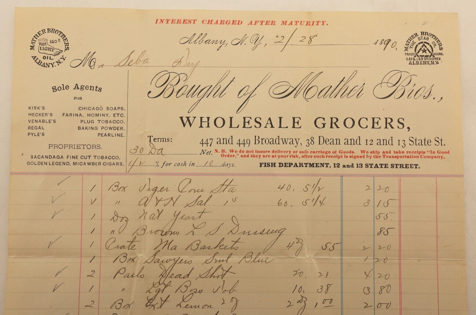 Vintage Receipt Mather Bros. Grocers Albany, N.Y 1890 Medicine/Tobacco/Grocery