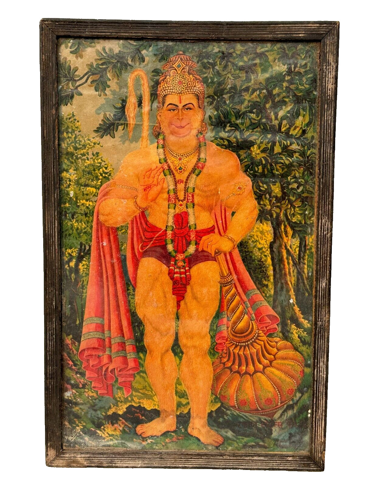 Vintage Old Rare Hindu God Lord Hanuman Ji Standing Worship Deity Litho Print