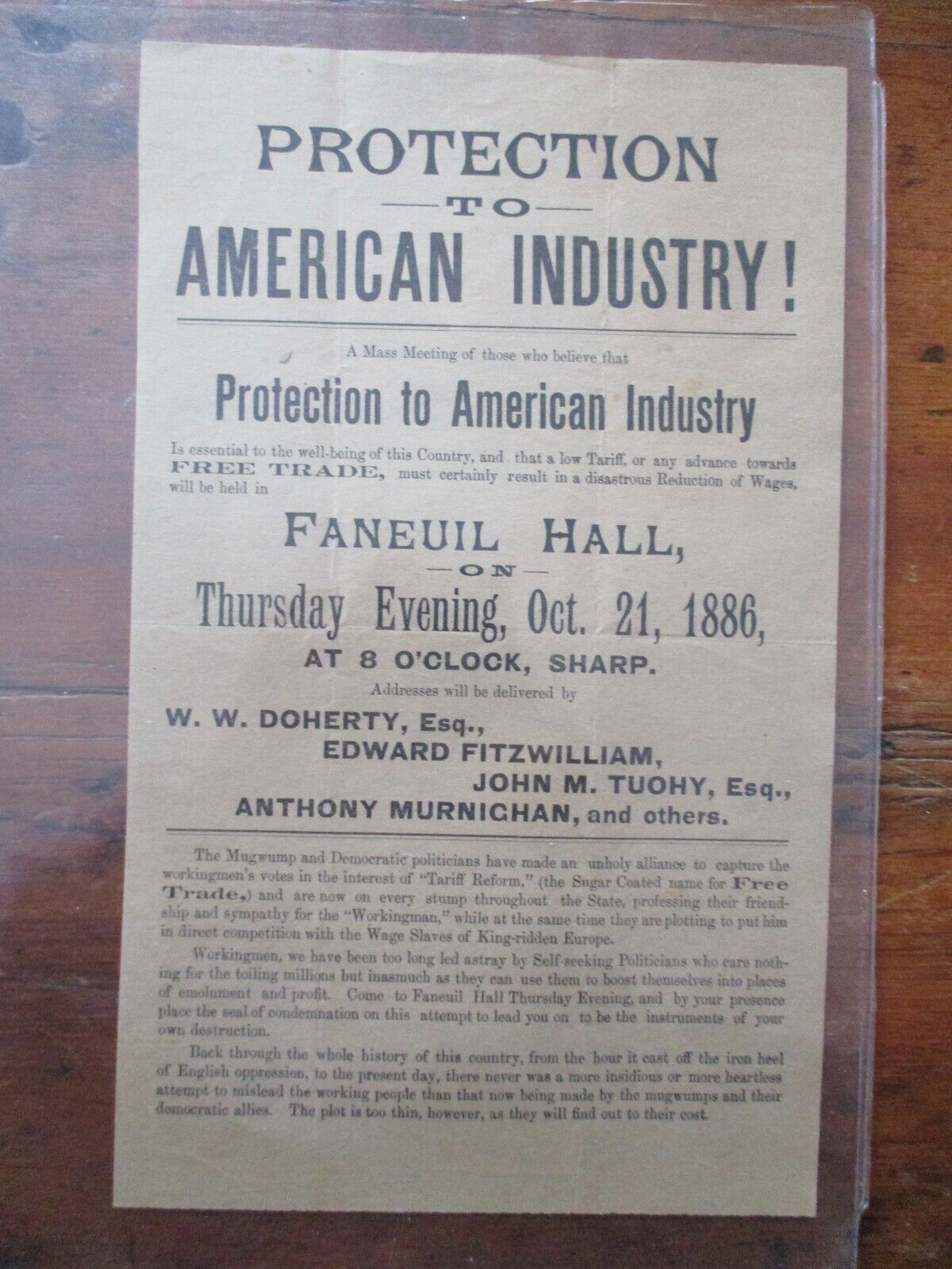original 1896 broadside FANEUIL HALL PROTECTION AMERICAN INDUSTRY irish american