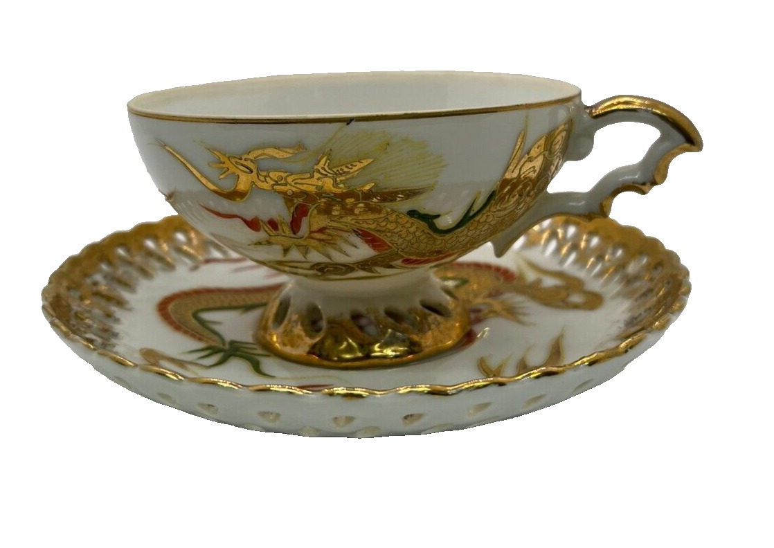 Vintage MARCO Teacup & Saucer Gold Dragon Ware Hand painted Elaborate Japan