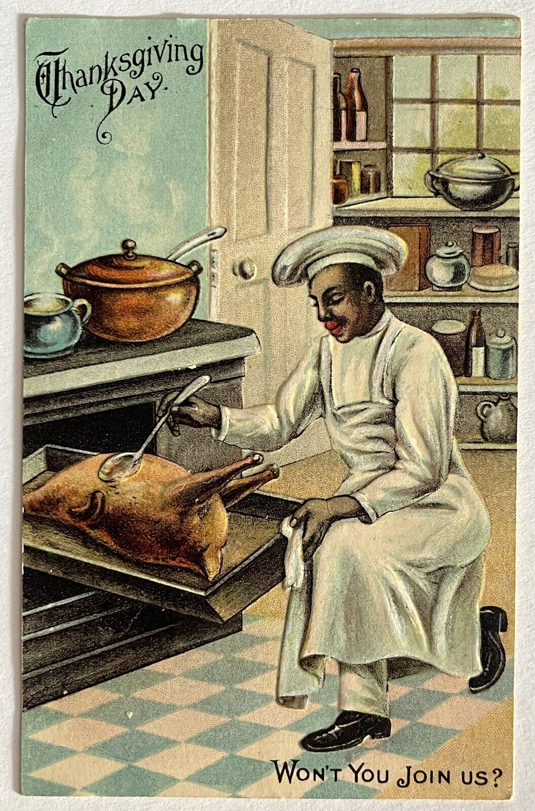 Vintage postcard cook at oven with turkey embossed Thanksgiving postally used