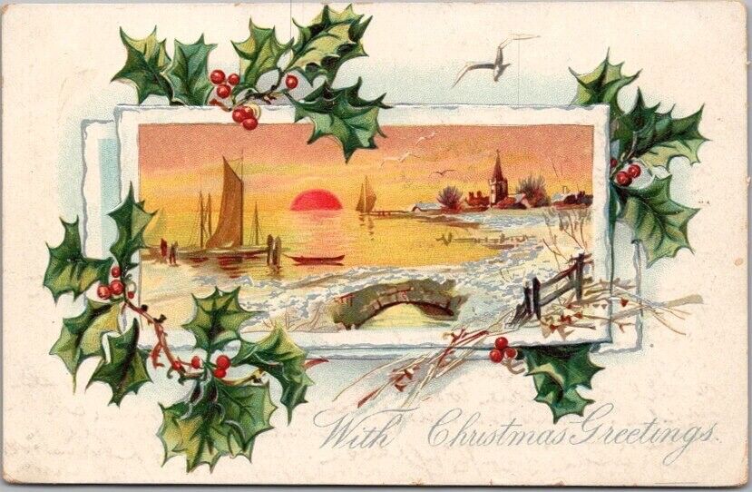 c1910s TUCK'S CHRISTMAS Postcard Waterfront Scene / Sailing Ship / Church
