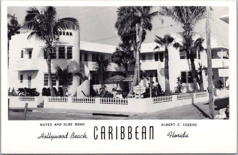 1940s HOLLYWOOD BEACH, Florida RPPC Real Photo Postcard CARIBBEAN HOTEL Art Deco