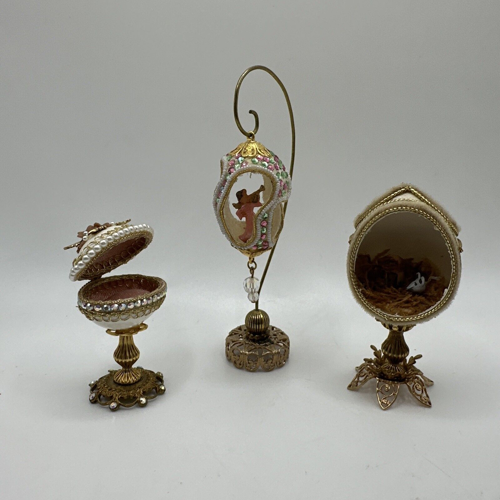 LOT OF 3- vintage Miniature Egg Mouse & Trumpet Player Angel Diorama Trinket Box