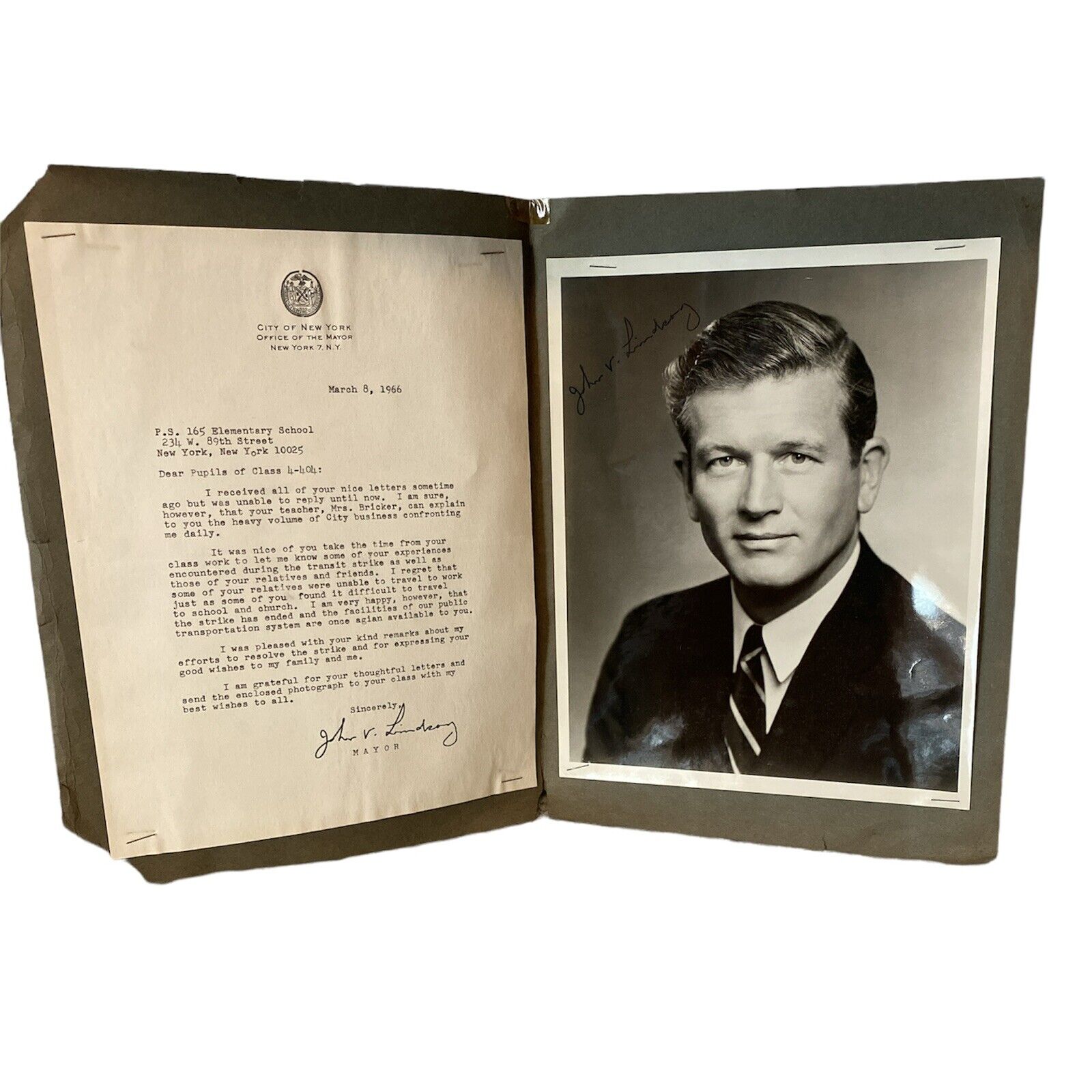 1966 New York transit strike letter and picture of Mayor John Lindsay 