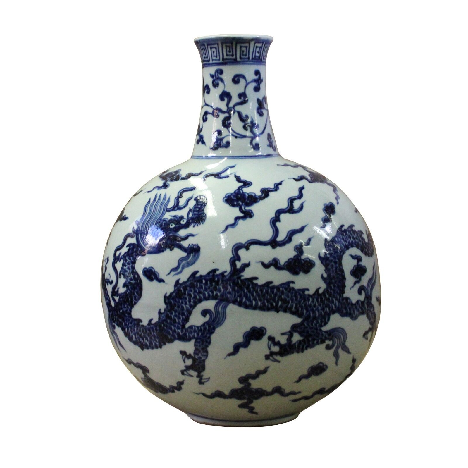 Chinese Blue White Porcelain Dragon Graphic Fat Body Vase ws370