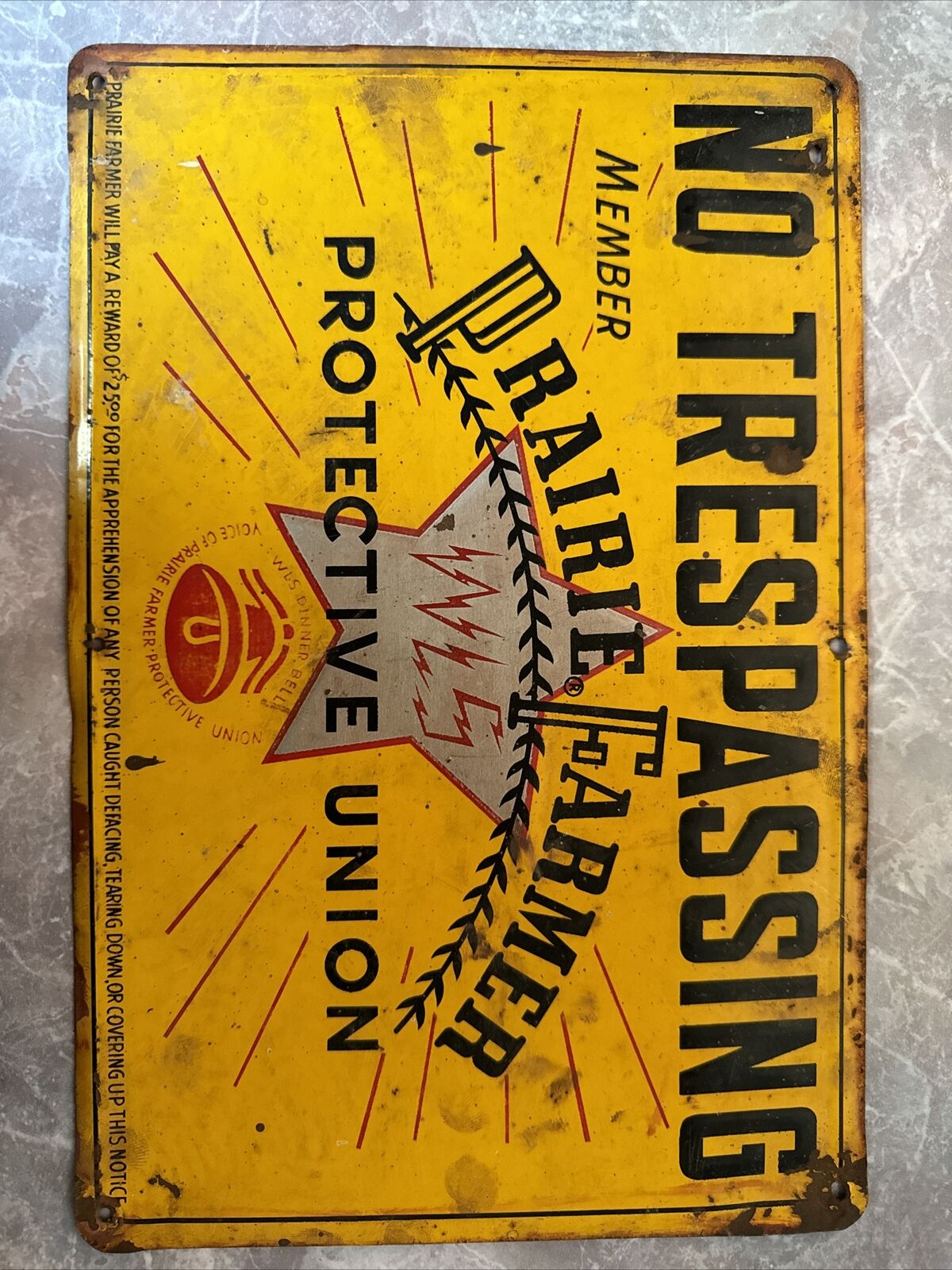 Vintage PRAIRIE FARMER PROTECTIVE UNION No Trespassing Metal Farm Barn Sign