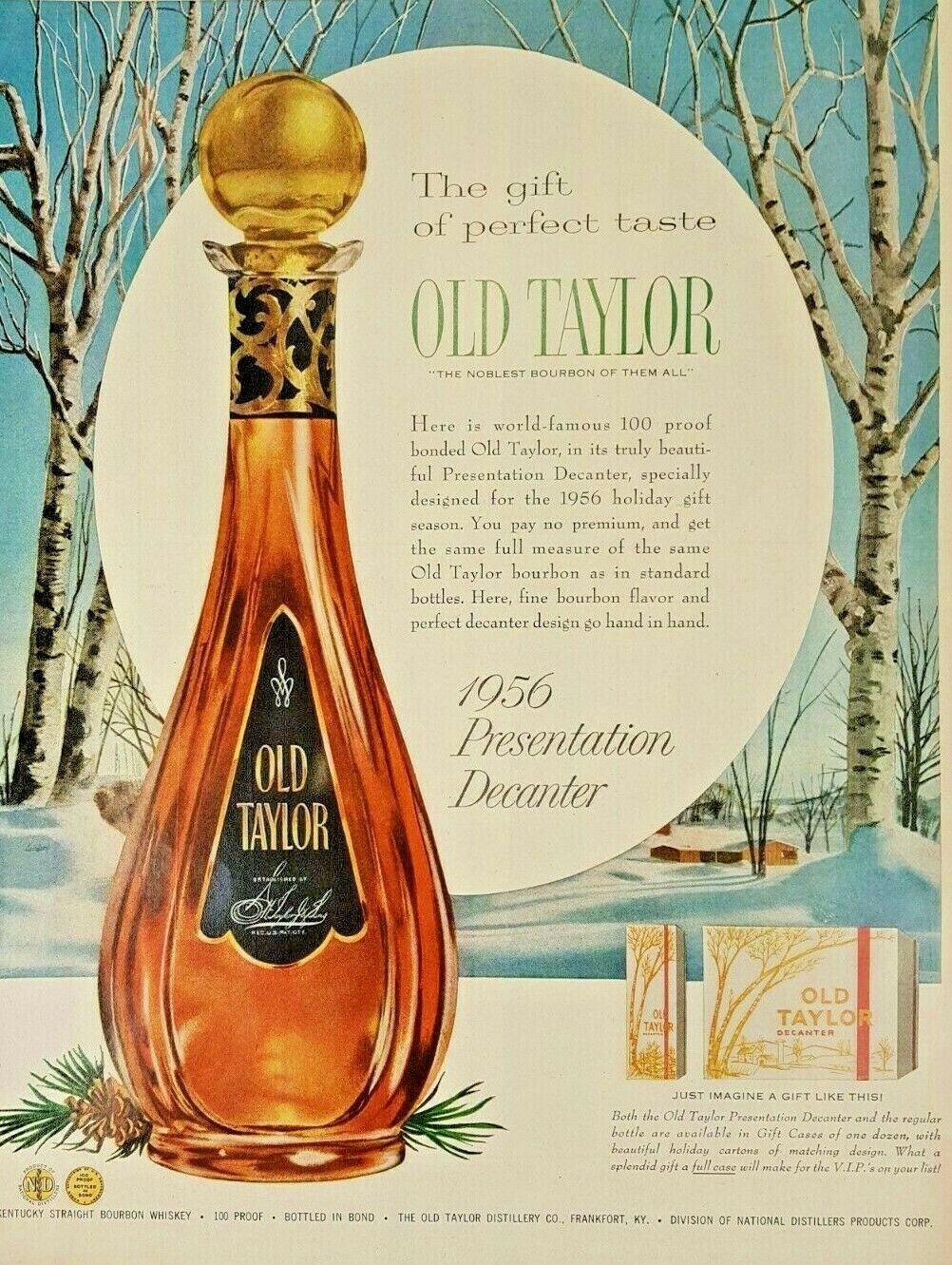 Vintage Color Life Magazine Ad 1956 Old Taylor Bourbon Decanter Winter Scene