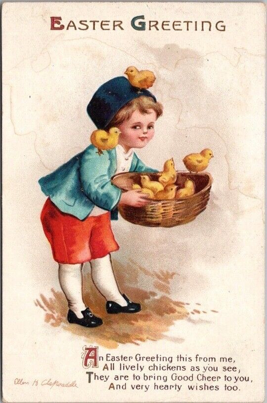 1915 Artist-Signed CLAPSADDLE Easter Postcard Child Basket of Chicks / Intl Art