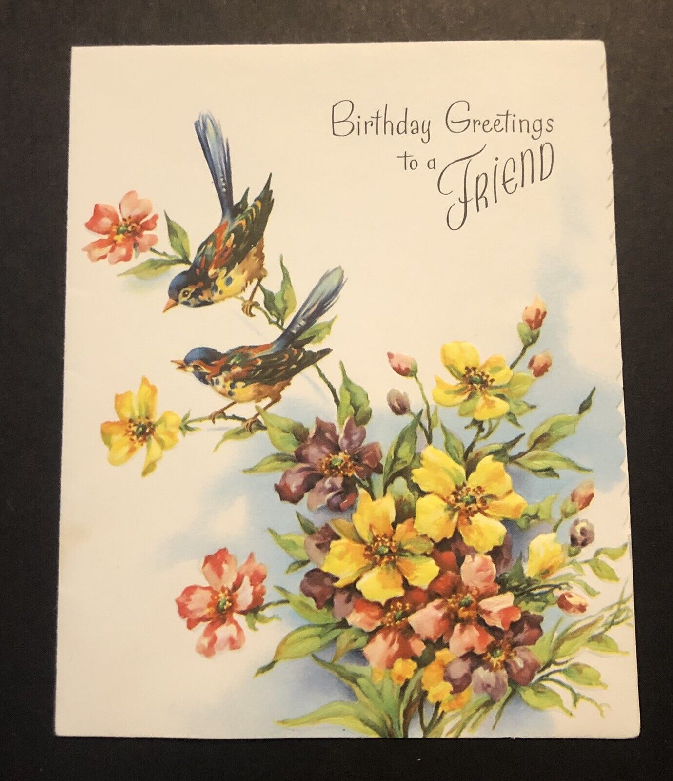 Vintage Happy Birthday Greeting Card Paper Collectible Colorful Birds & Flowers