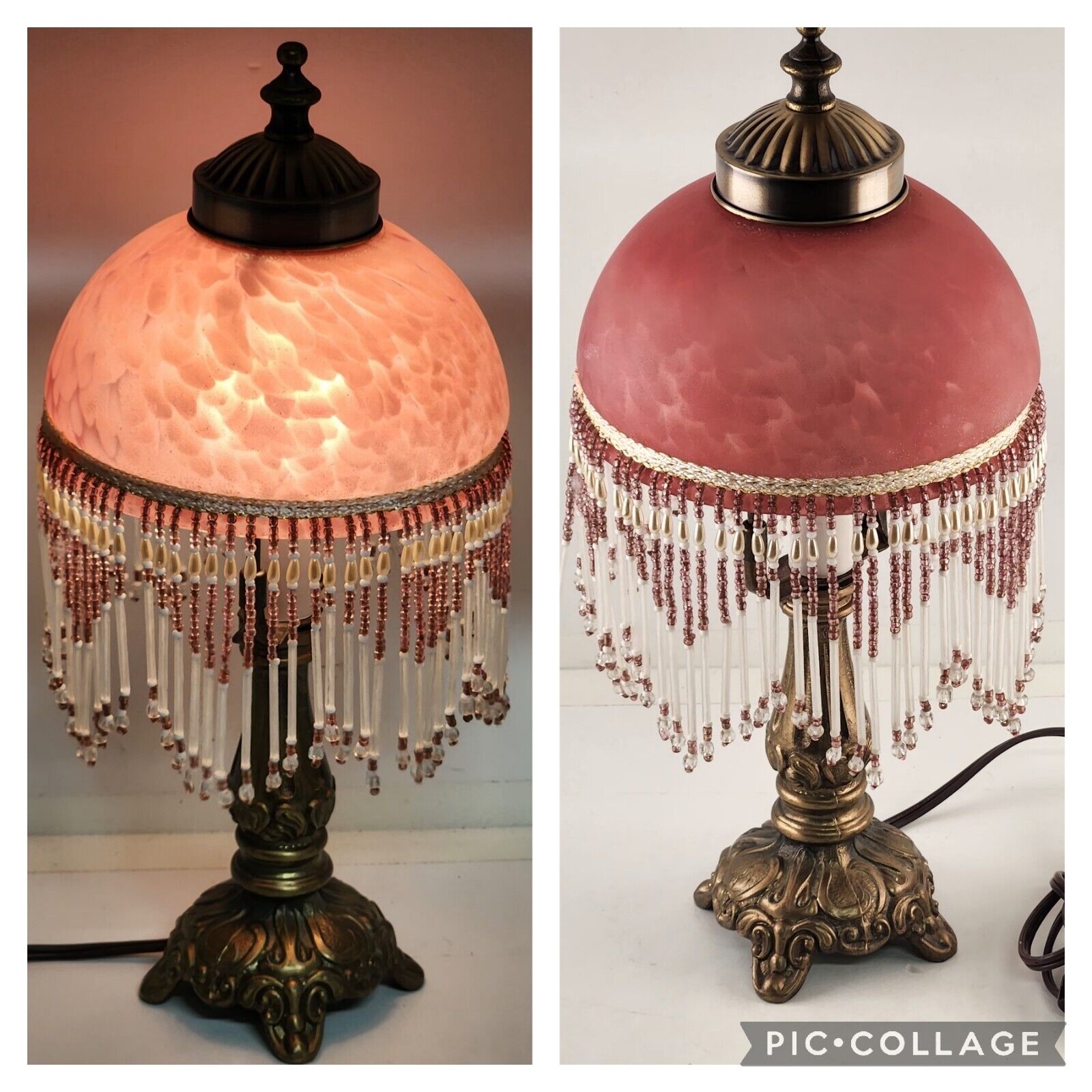 Victorian Boudoir Table Lamp Pink Blush Glass w Beaded Fringe 14\
