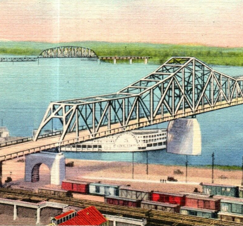 Vintage 1934 Postcard, Louisville, KY Municipal Bridge Jeffersonville, IN-Bri-19