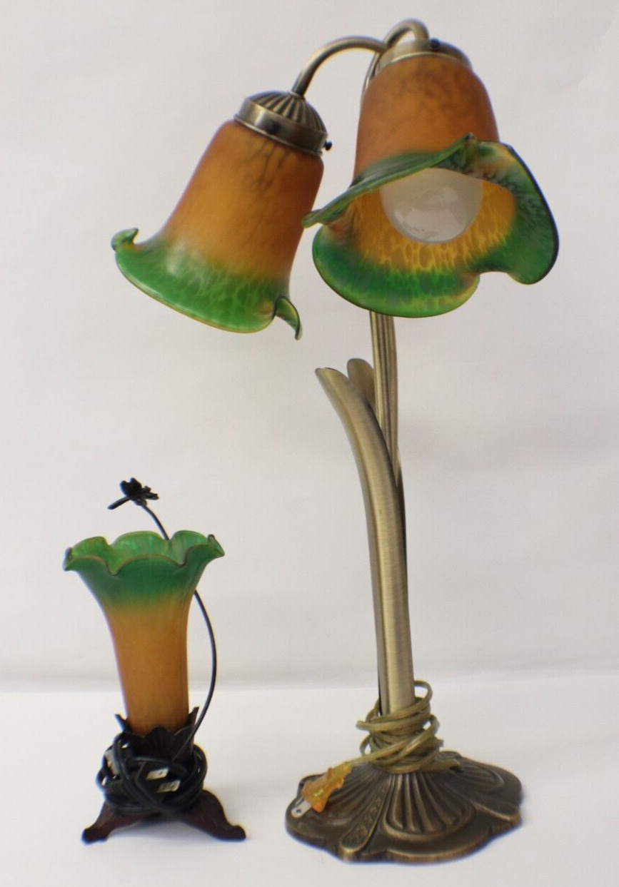 2, Vintage Tiffany Style 2 Tulip Table Lamp Amber/Green & Single Tulip Lamp....