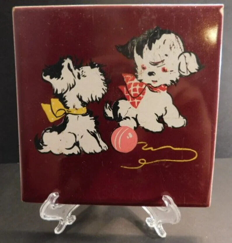 Ceramic Tile Featuring a Pair of Puppies Playing by The House Of Lackner 1940\'s