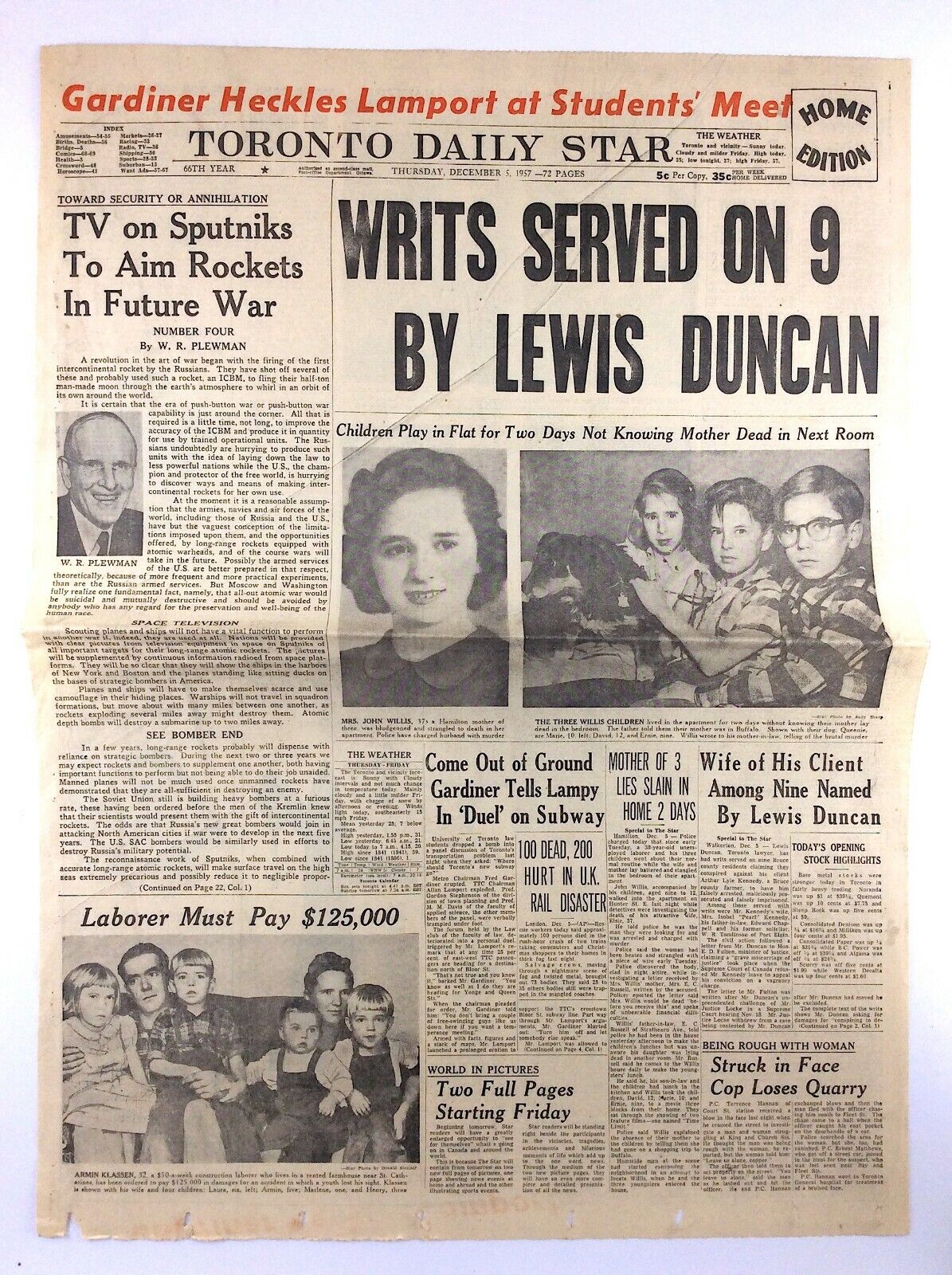 Vintage December 5 1957 Toronto Daily Star Newspaper Headline Writs Served K539