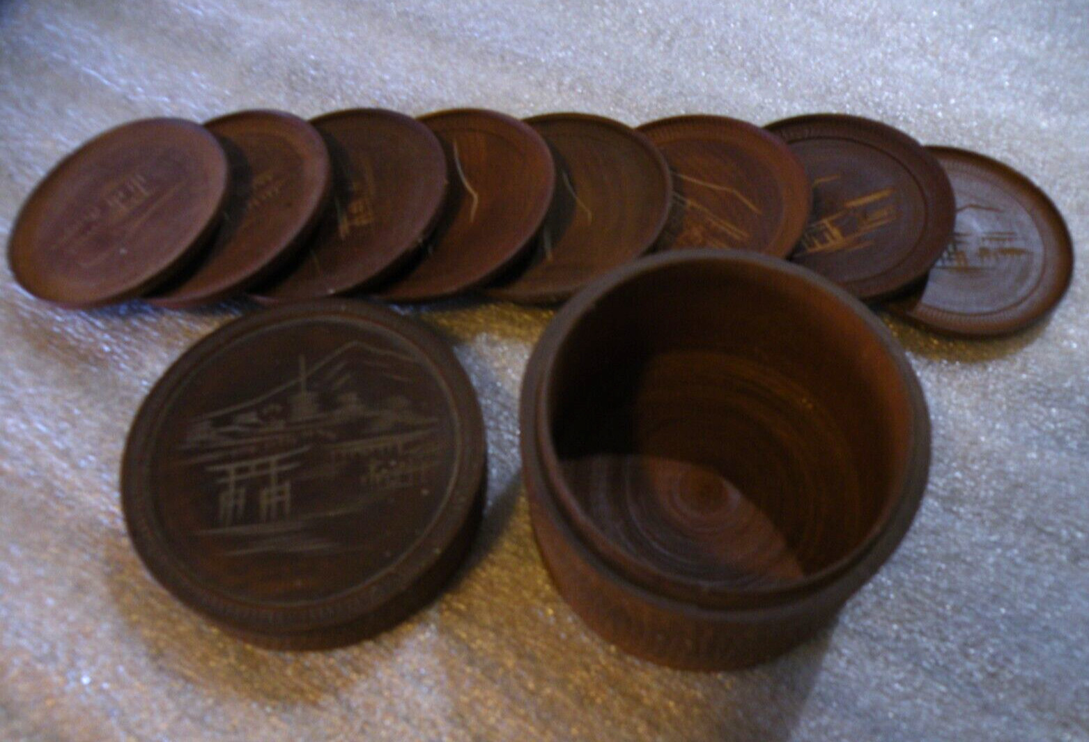 Vintage Hand-Carved Wooden Japanese Coasters Set of 8 Drink Coasters With Box
