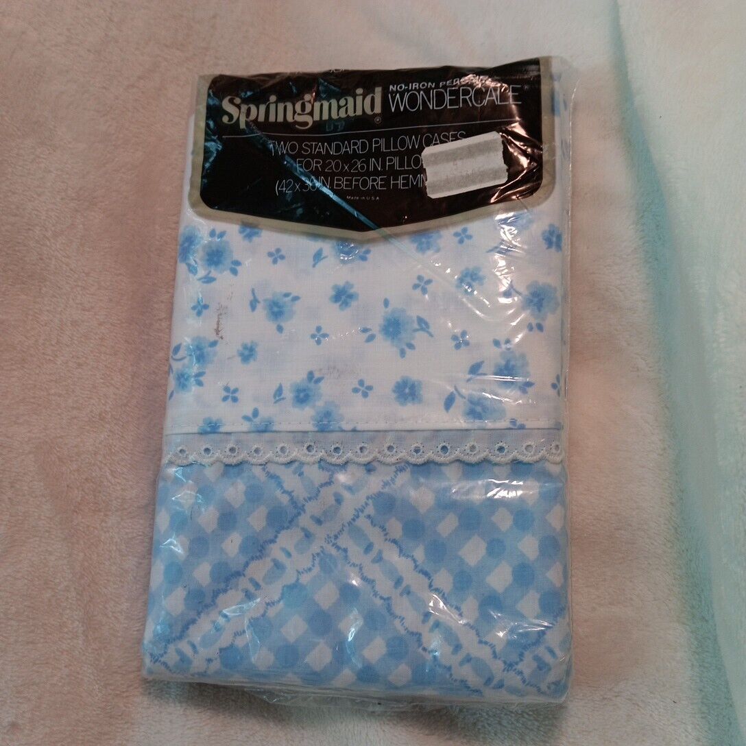 Vtg Springmaid Set of 2 Standard Percale Pillow Case White Blue Floral Lace Trim