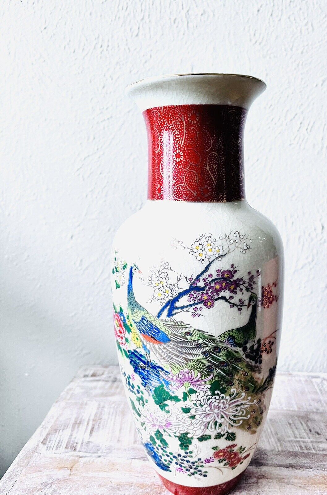 Vintage Satsuma Ware Peacock Vase 11” Stamped