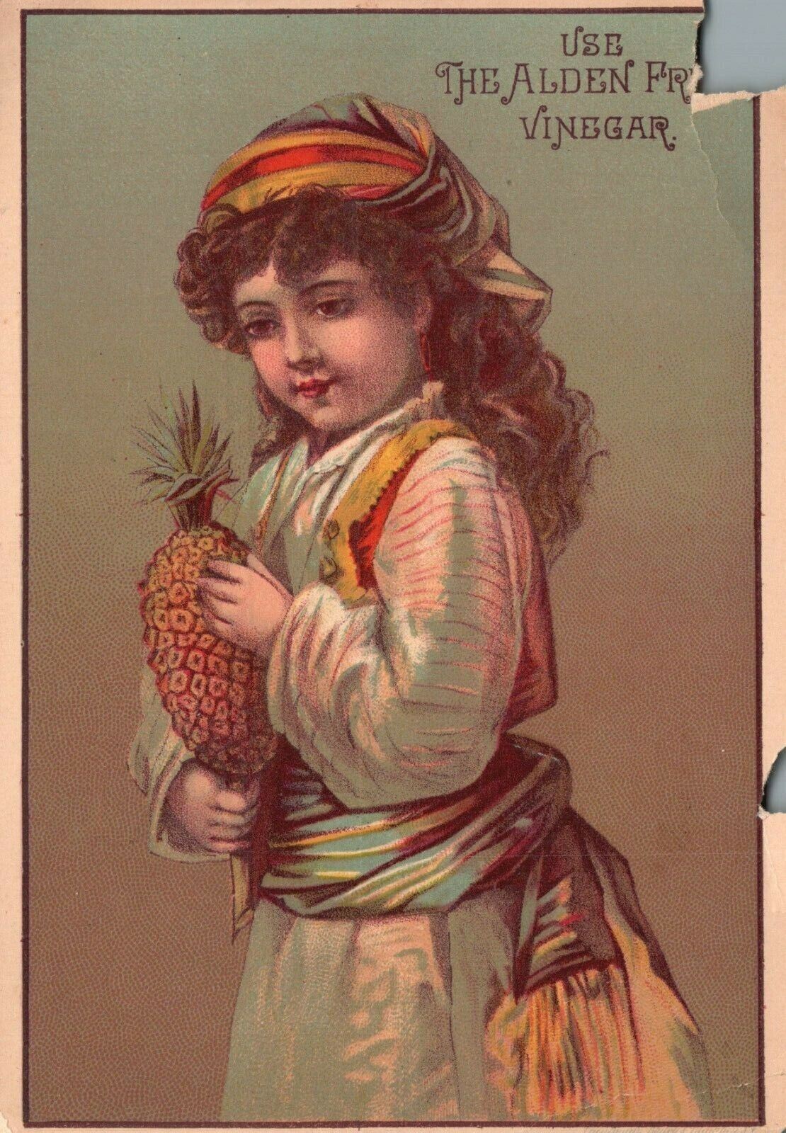 1880s-90s Young Girl Holding Pineapple Alden Vinegar William Hallock Trade Card
