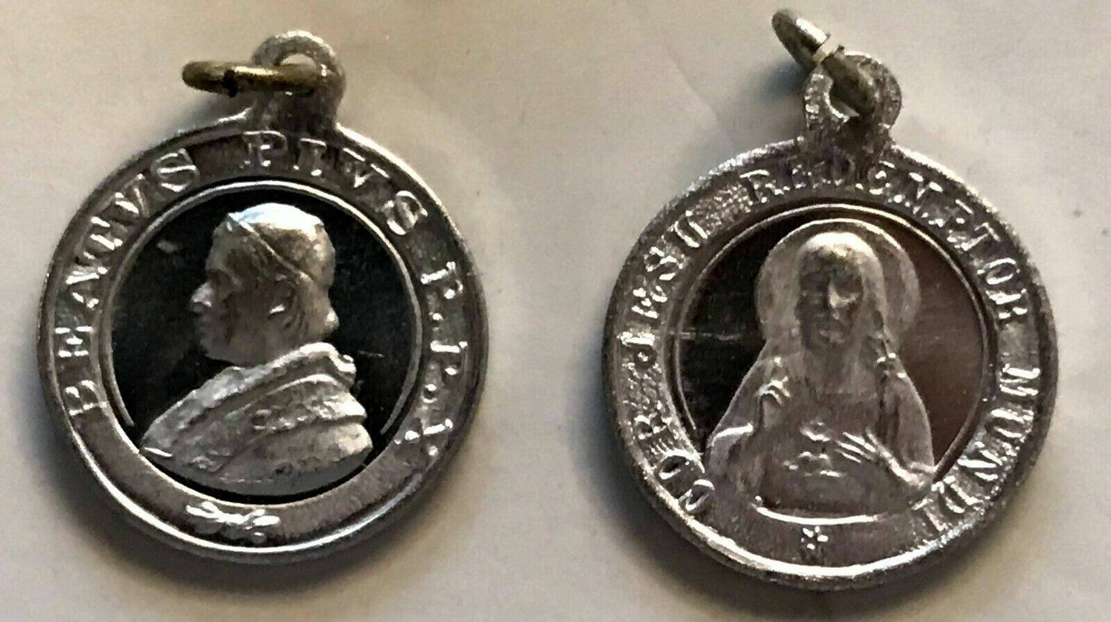 Pair of Antique Petite Catholic Medals of Pope St Pius X and Sacred Heart  