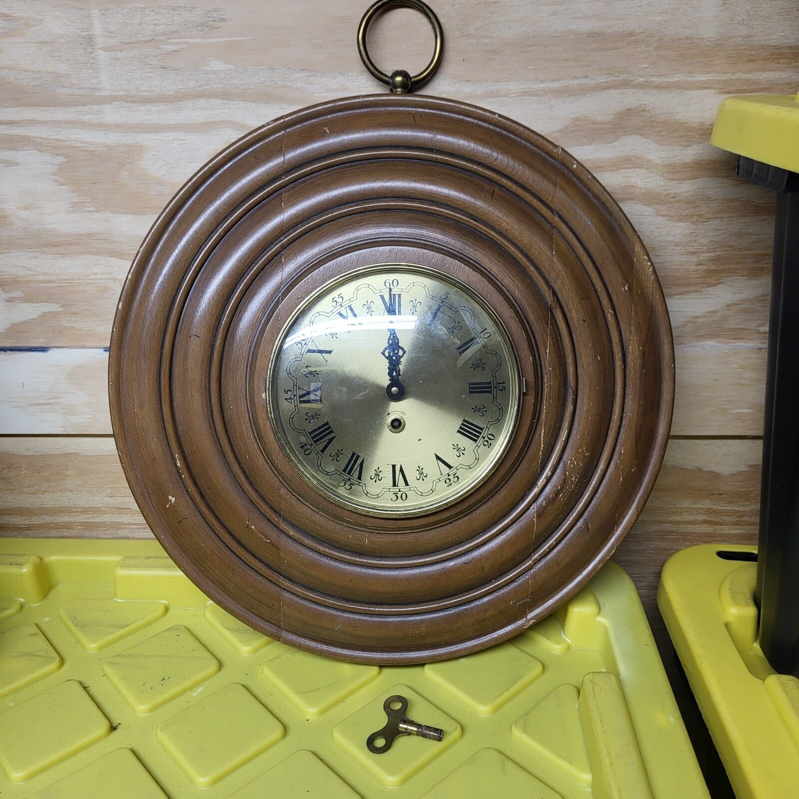 Vintage French Mid Century 8 Day Mechanical Wind-Up Walnut Wall Clock