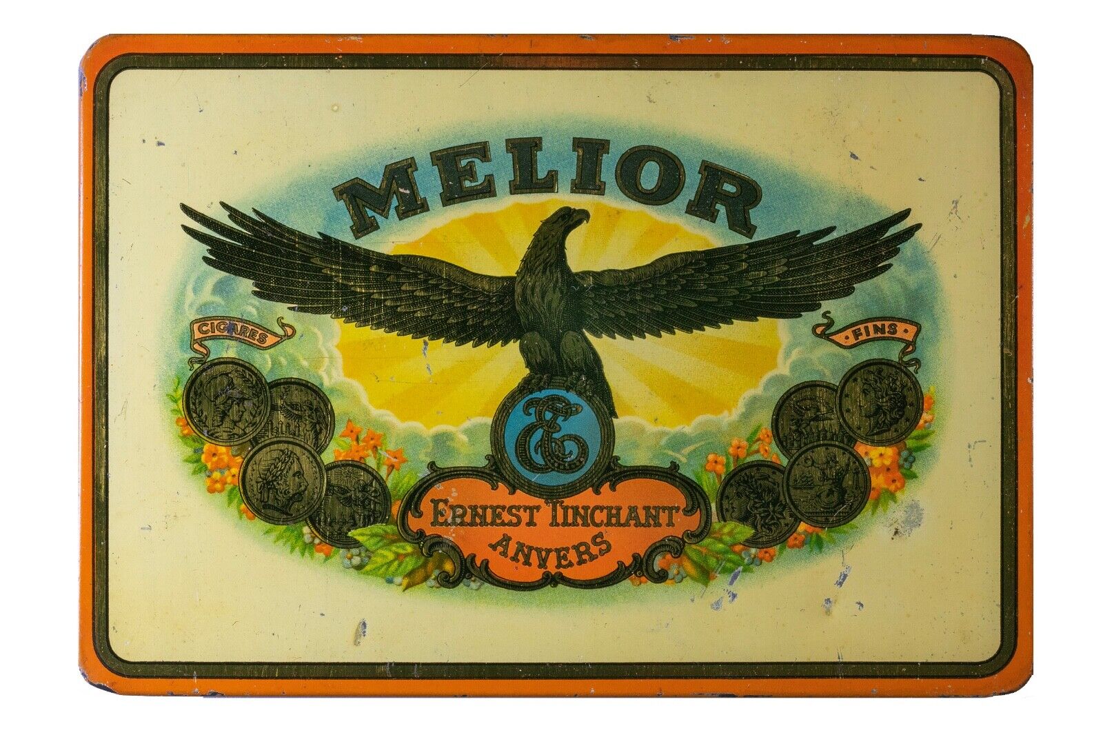 Rare 1930s Belgian “Melior Victoria“ litho hinged 10 cigar tin in very good cond