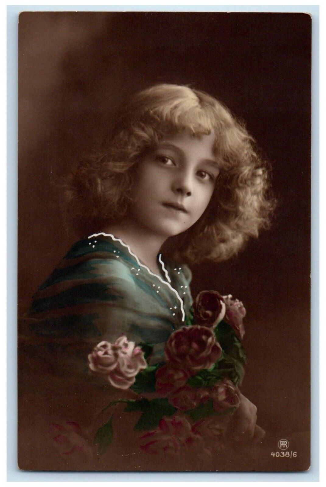 c1910's Pretty Girl Curly Hair Flowers Studio Portrait RPPC Photo Postcard