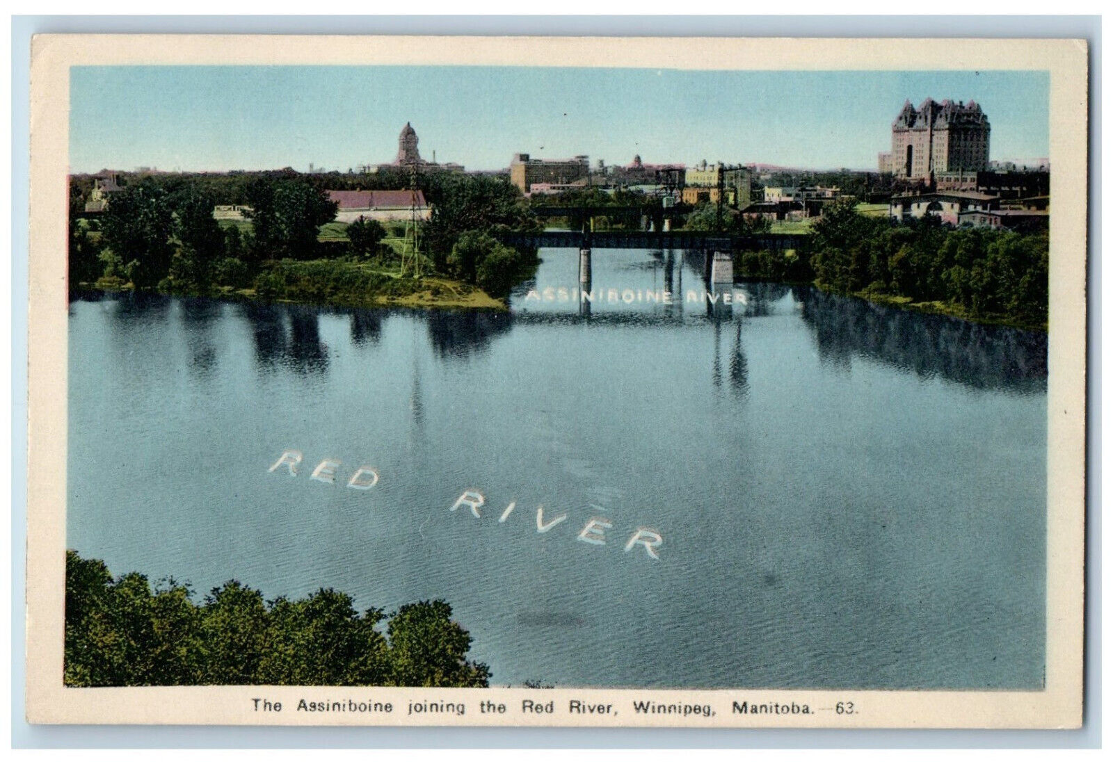 Winnipeg Manitoba Canada Postcard Assiniboine Joining Red River c1930's