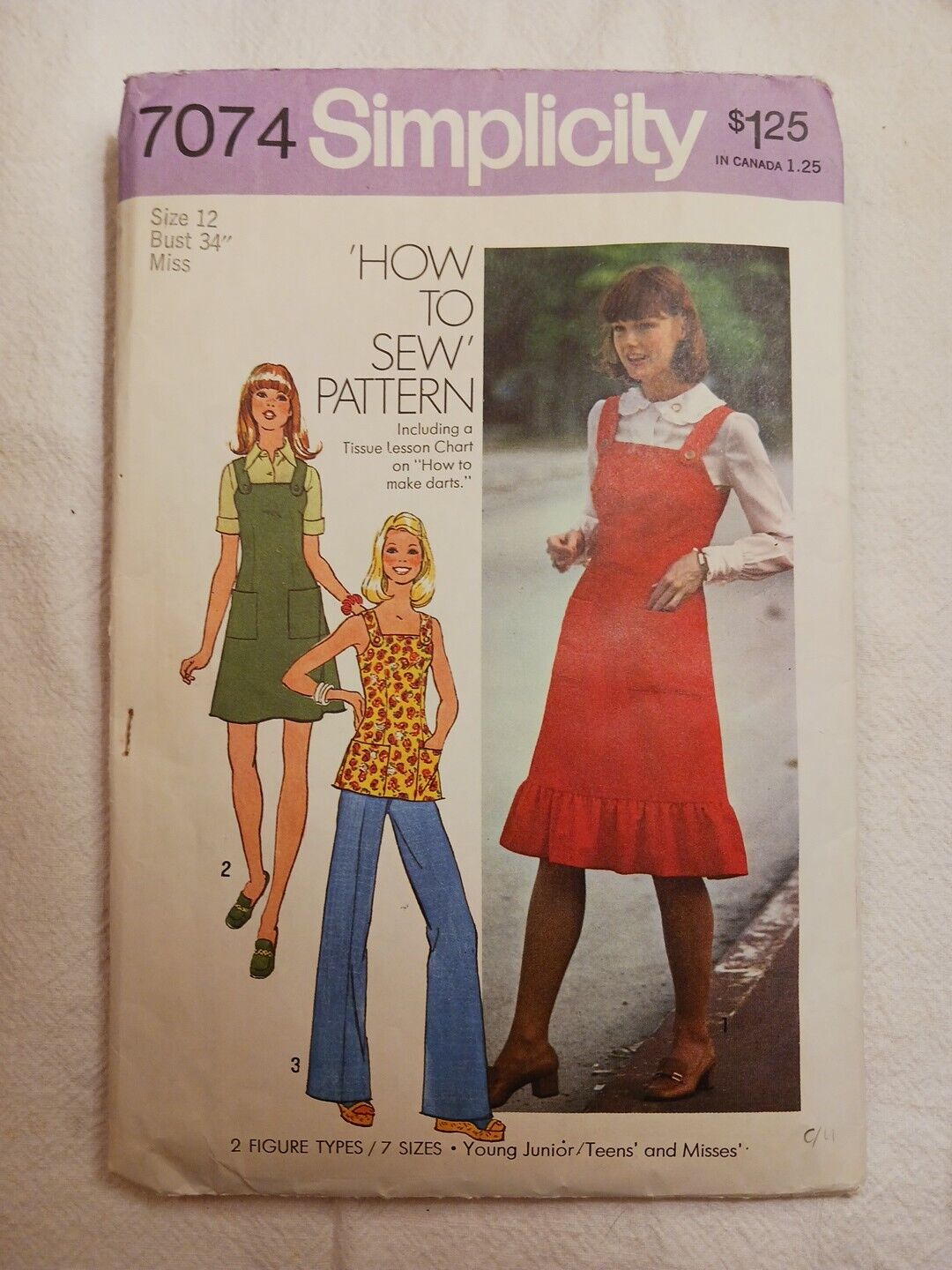 VINTAGE 1975 SIMPLICITY 7074 Sewing Pattern, Jumper/Dress Sz 12 MISS. Preowned.