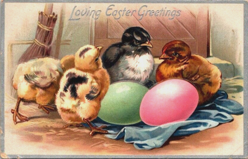 Antique Raphael Tuck Postcard Loving Easter Greetings Chicks Eggs Embossed 1910