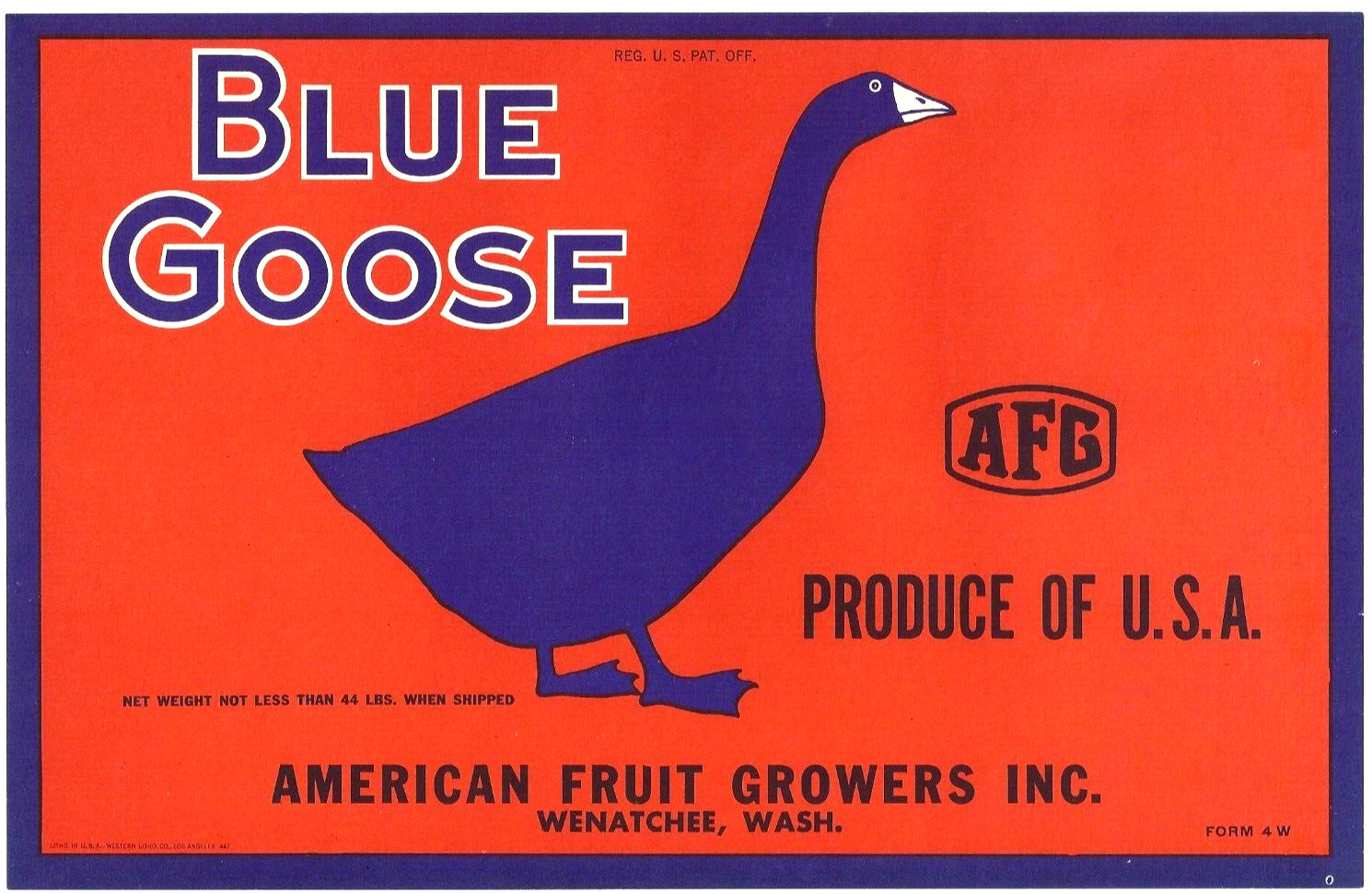 Original 1940s rare BLUE GOOSE pear crate label Wenatchee Washington 44 Lbs 4W