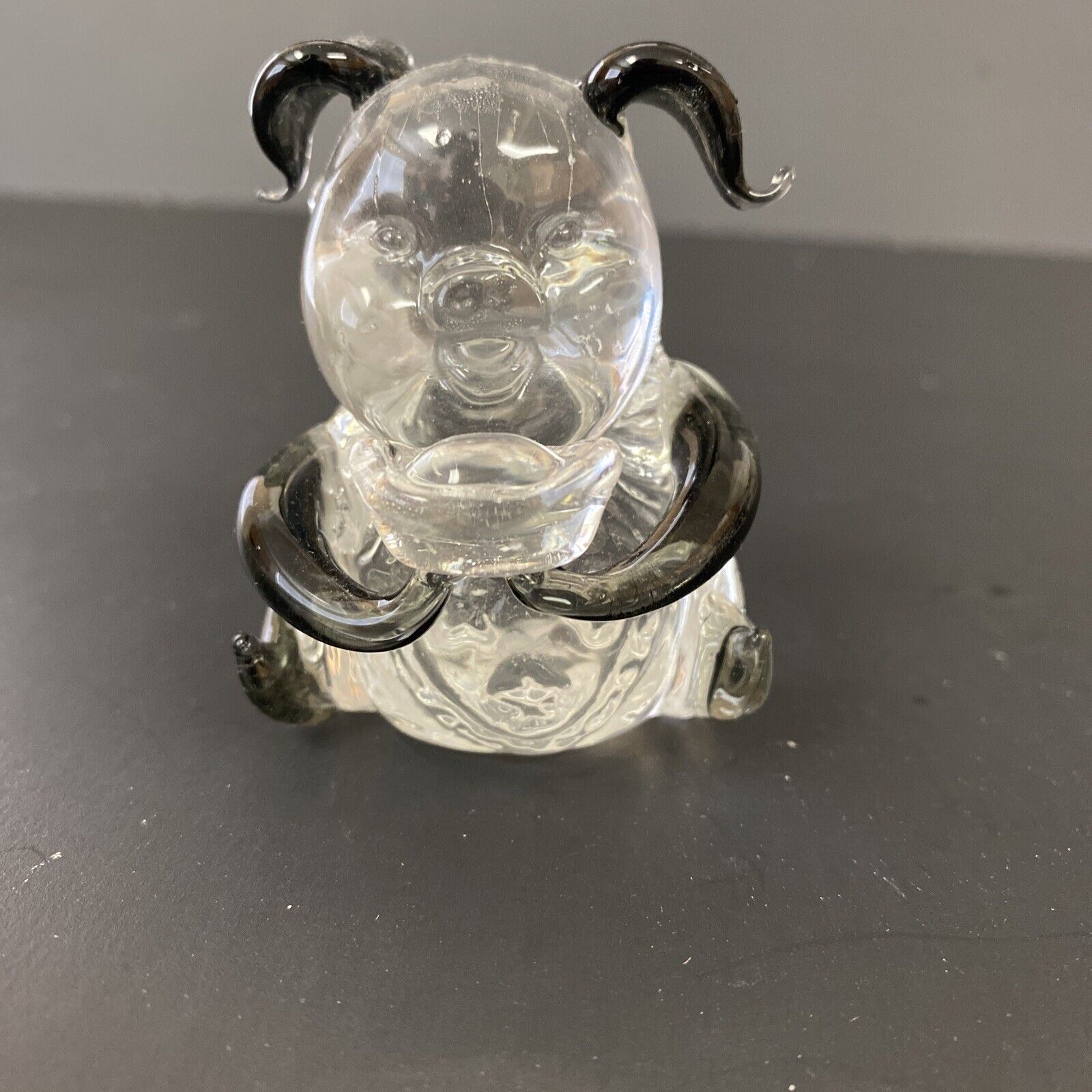 Miniature  Clear Glass Pig Figurine Black Ears and Arms 2-5/8” tall