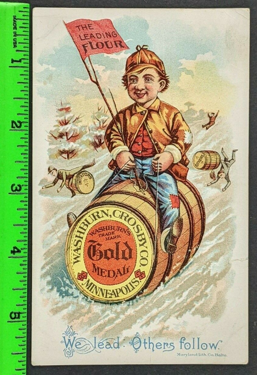Vintage 1880\'s Washburn Crosby Gold Medal Flour Boys Sledding Barrel Trade Card