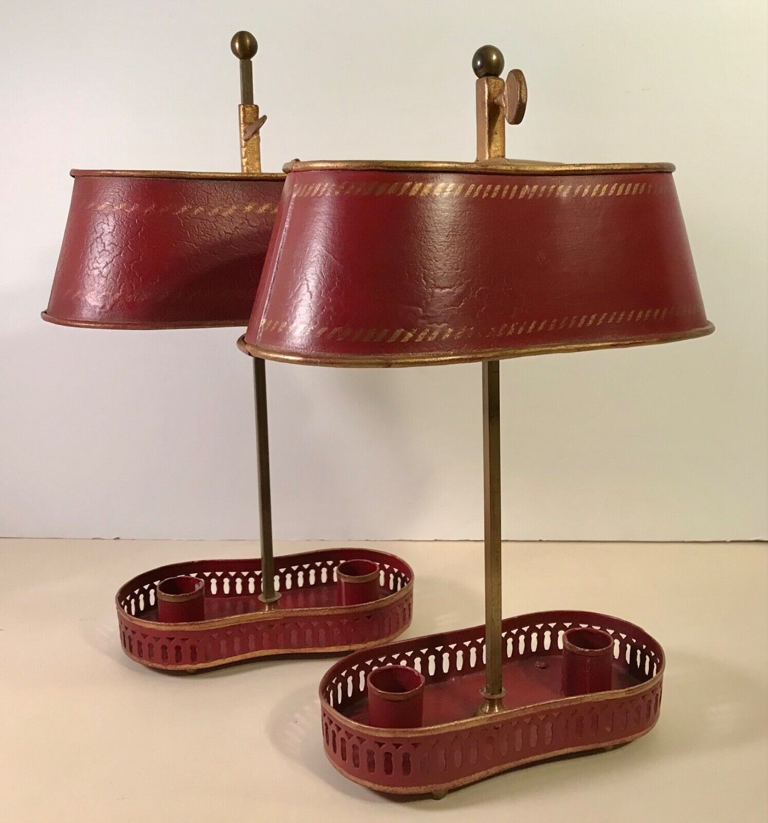 PAIR Antique French Bouillotte Hand Painted Table Lamps with Adjustable Shades