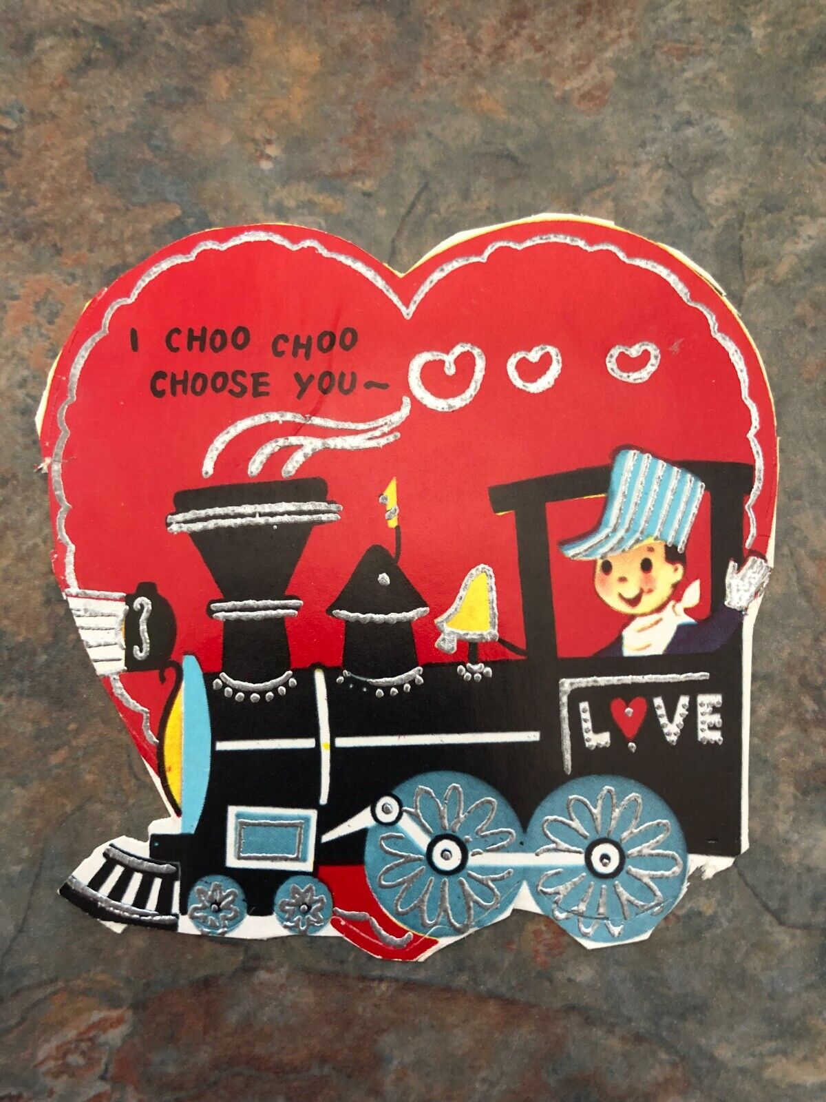 Valentine\'s Day Choo Choo Train Silver Glitter  Vtg Card