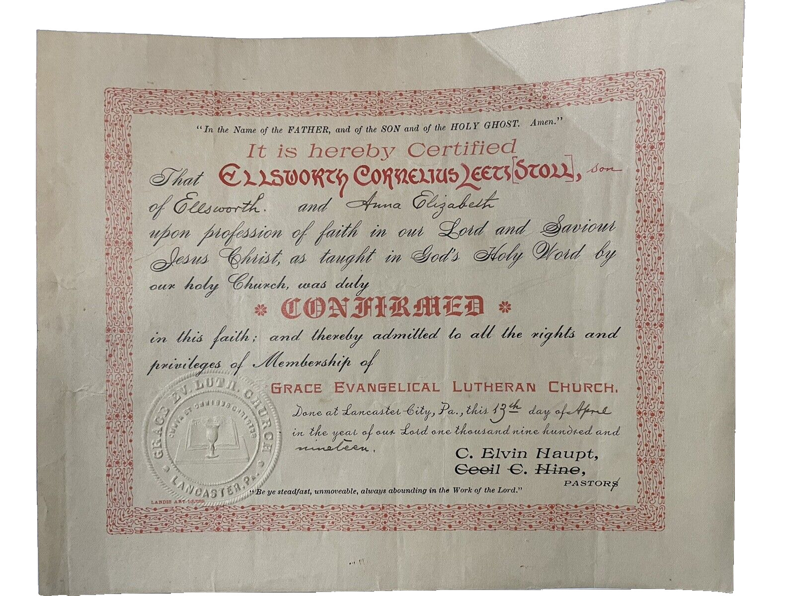 Confirmation Cert Grace Evange Lutheran Church Surname Stoll 1919 Lancaster PA