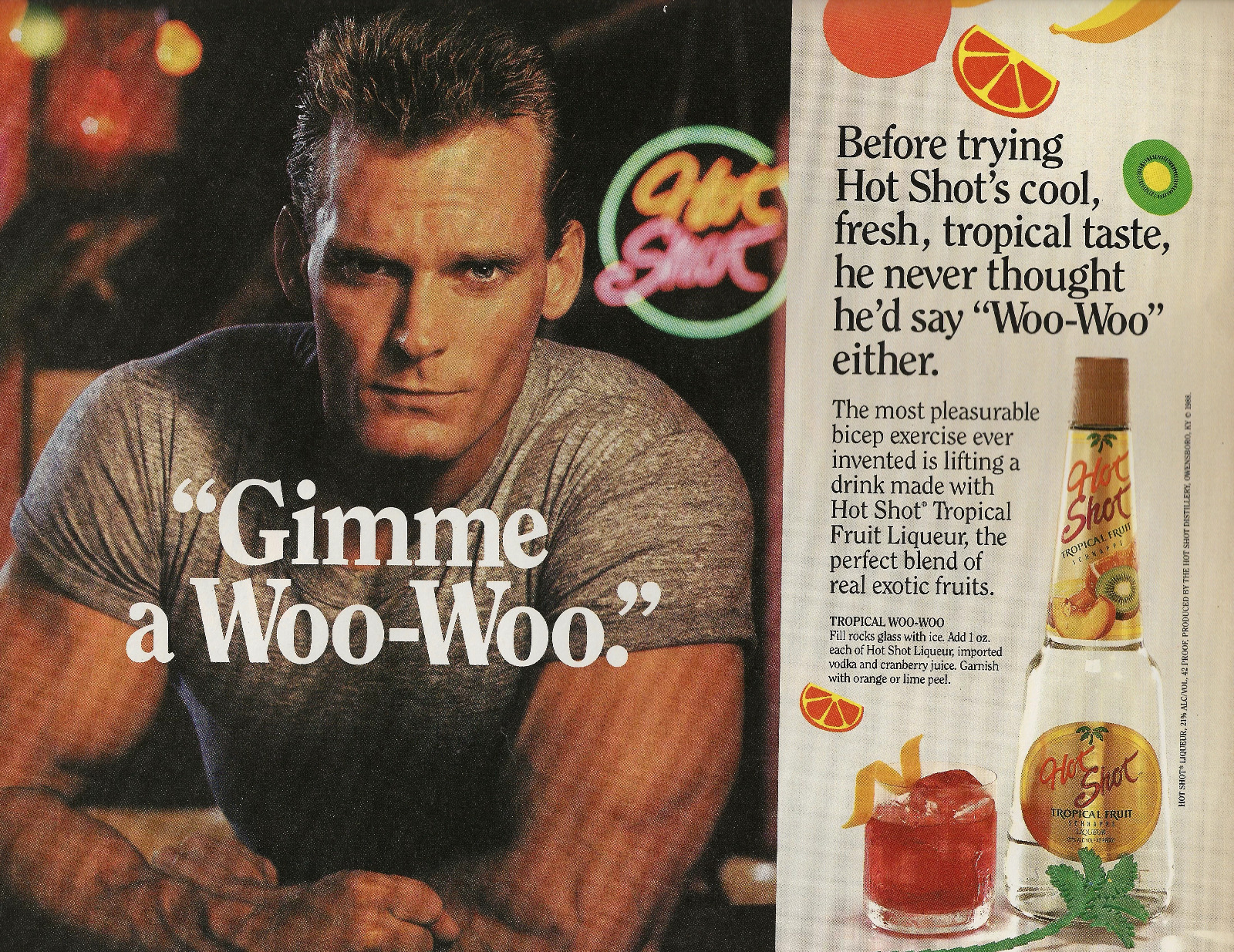 1988 Hot Shot Liquor Gimme Woo Hoo Muscular Man 80s Vintage Print Ad 10x12