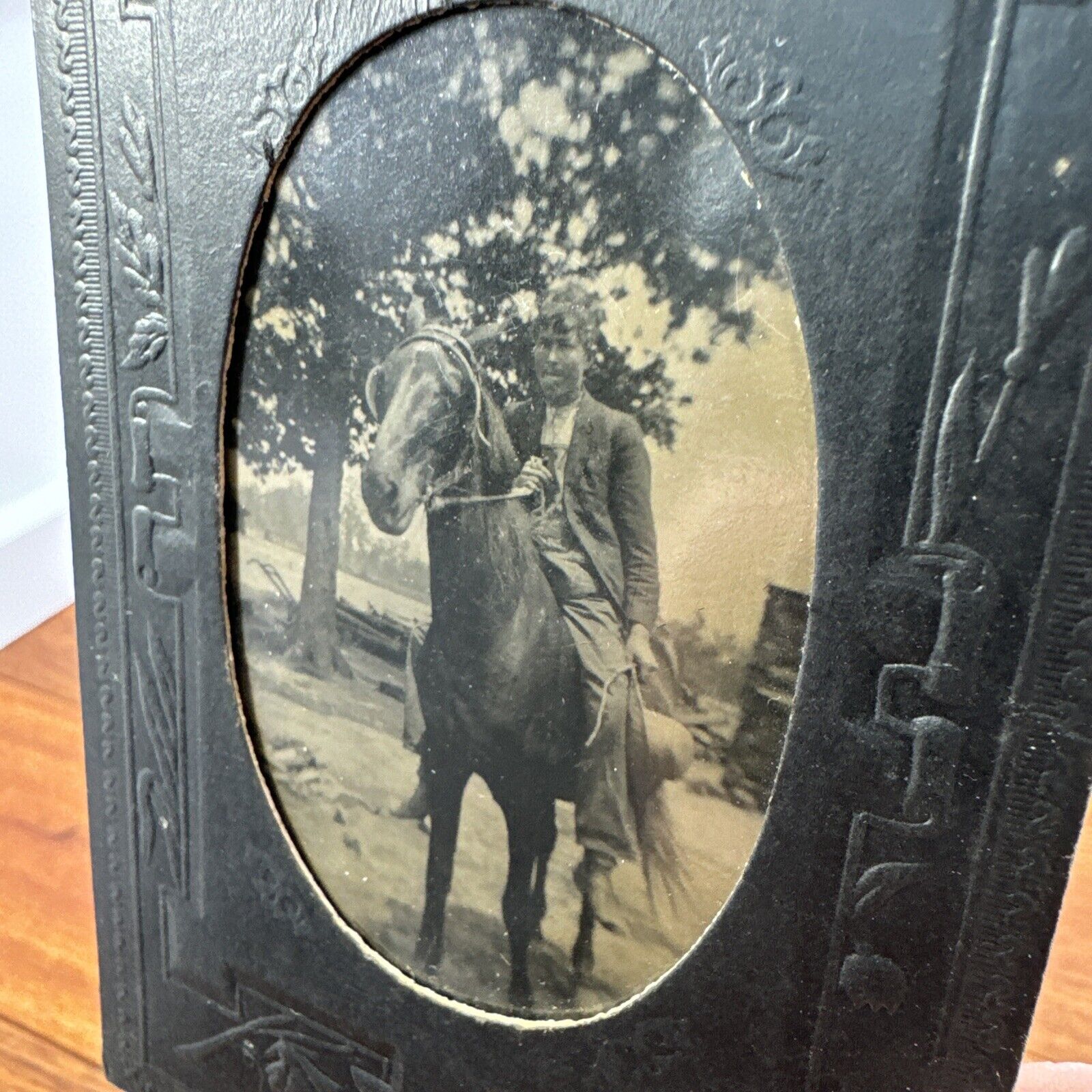 Tintype Tin Photo Boy On Horse Farm Original Photograph Vintage Framed Bareback