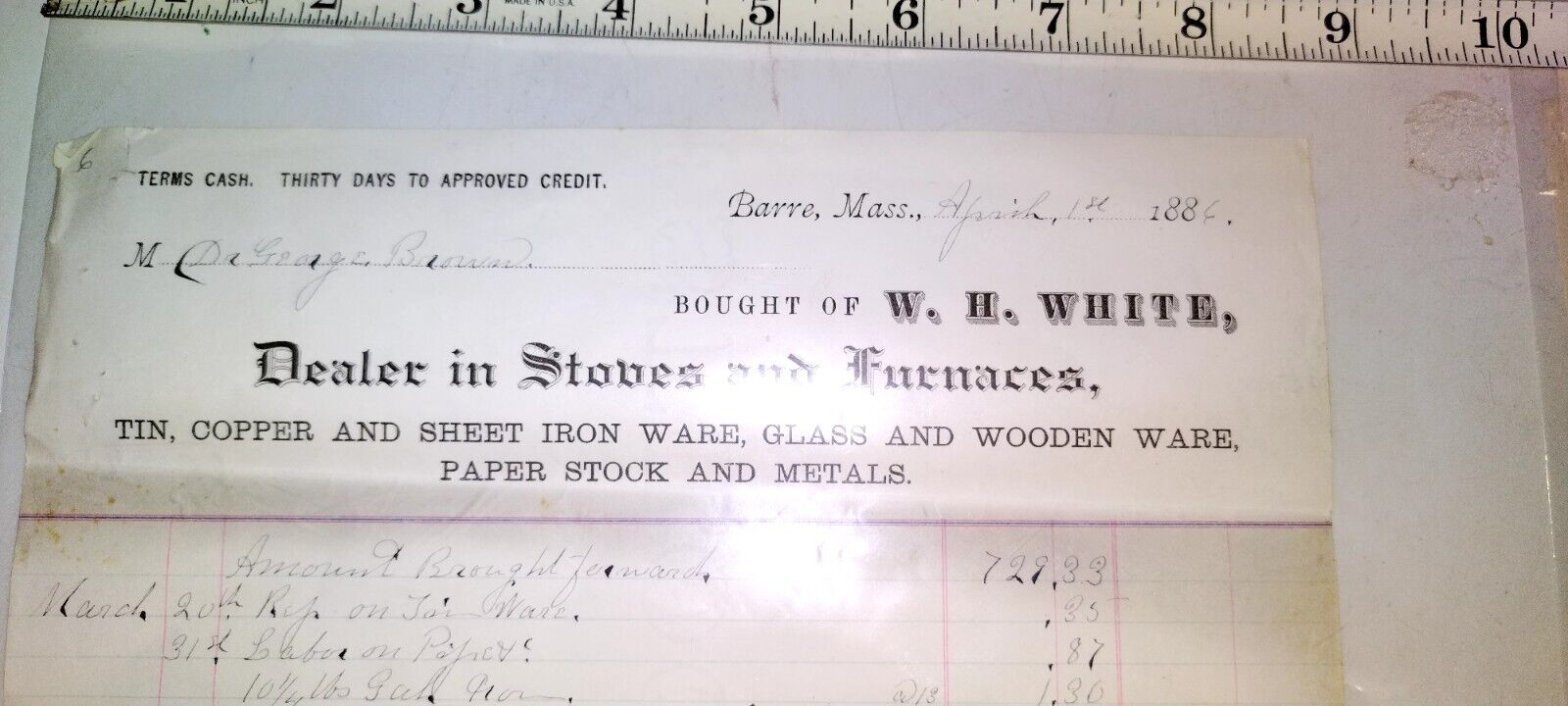 Antique 1886 Letterhead:W.H .White stoves& Furnaces Massachusetts 