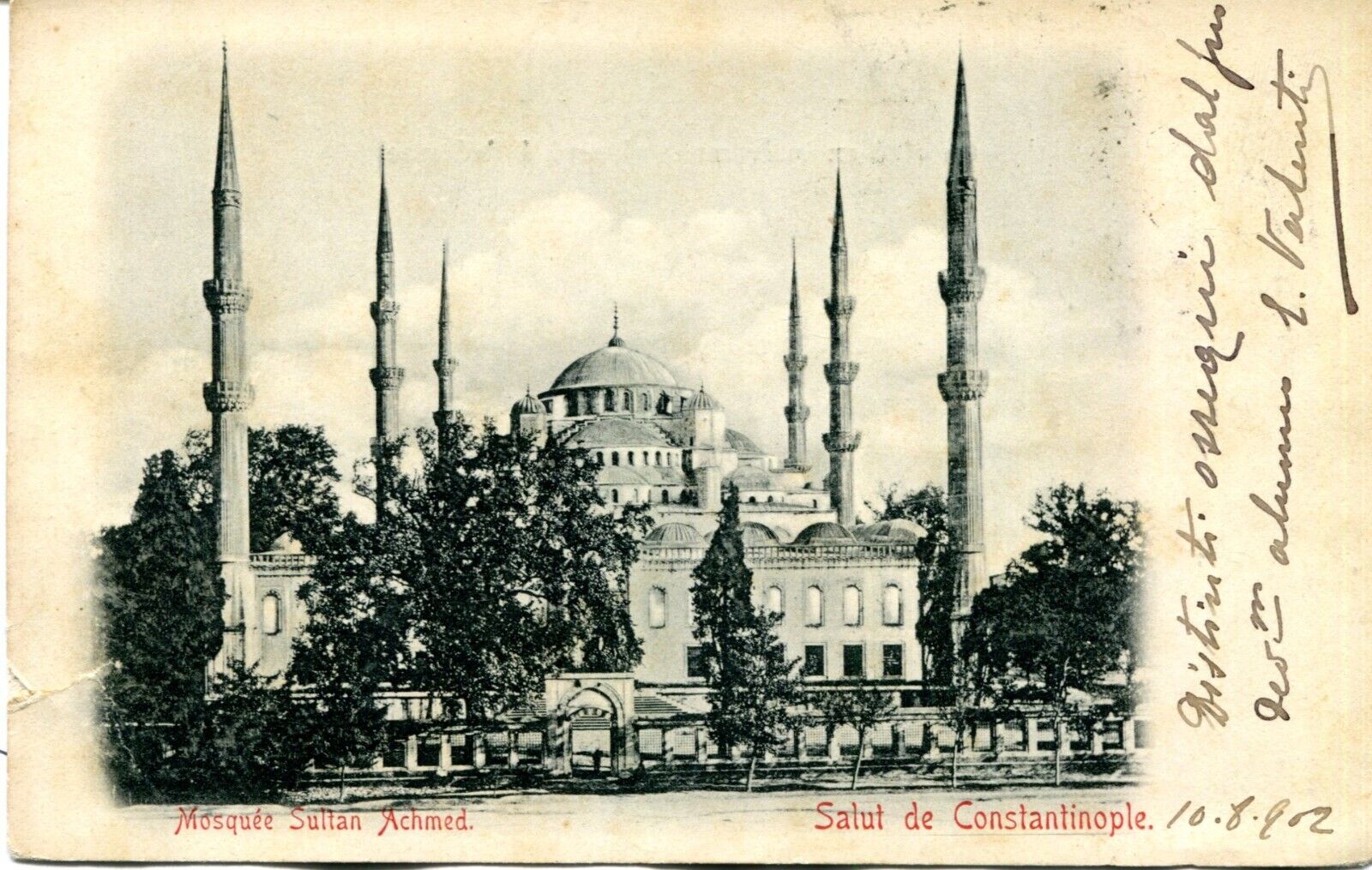 TURKEY  (S719)  1902 postcard CONSTANTINOPLE MOSQUEE SULTAN ACHMED st. to ITALY